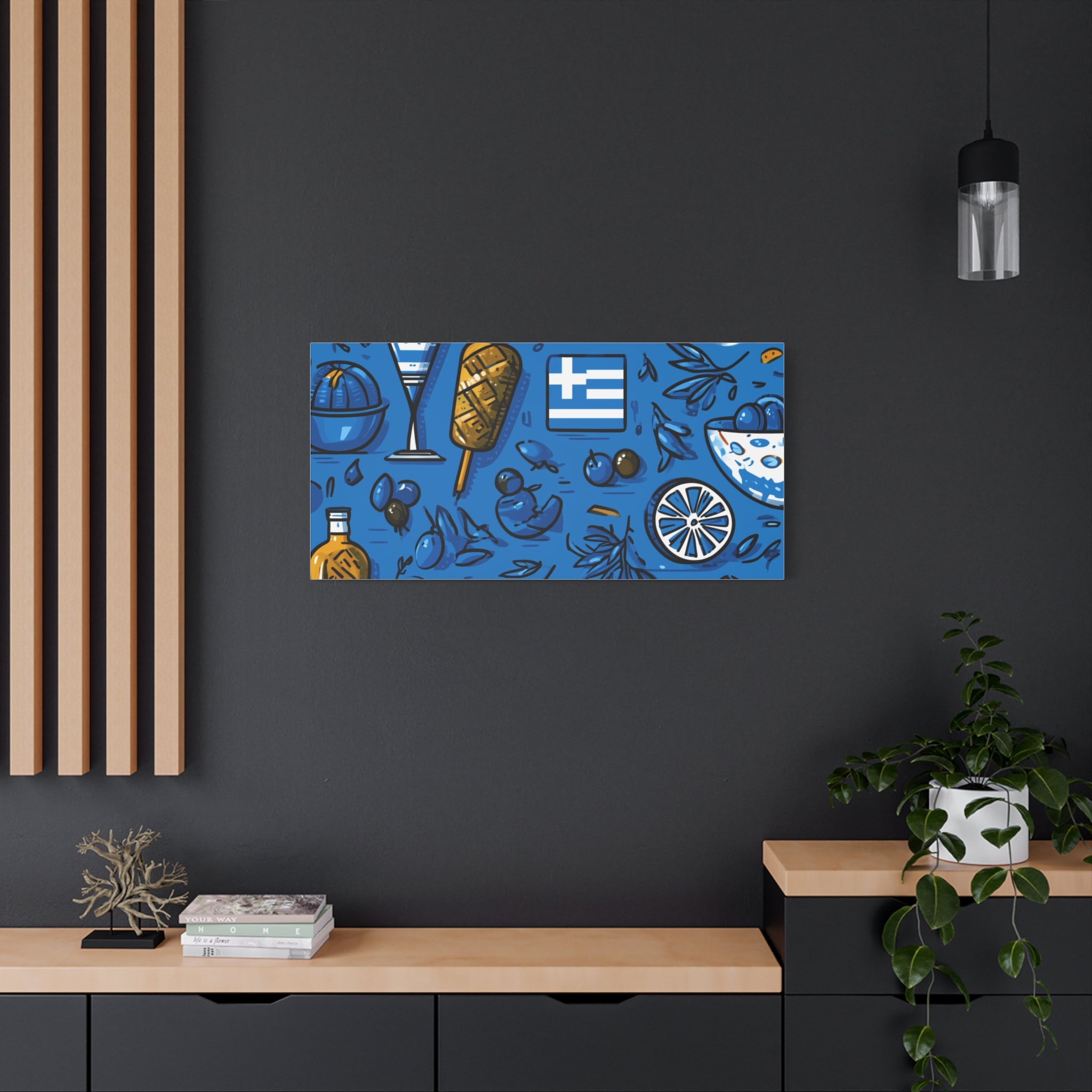 Vibrant Canvas Wall Art, Blue Mediterranean Theme, Kitchen Decor, Greek Party Decor, Olive and Drink Motif