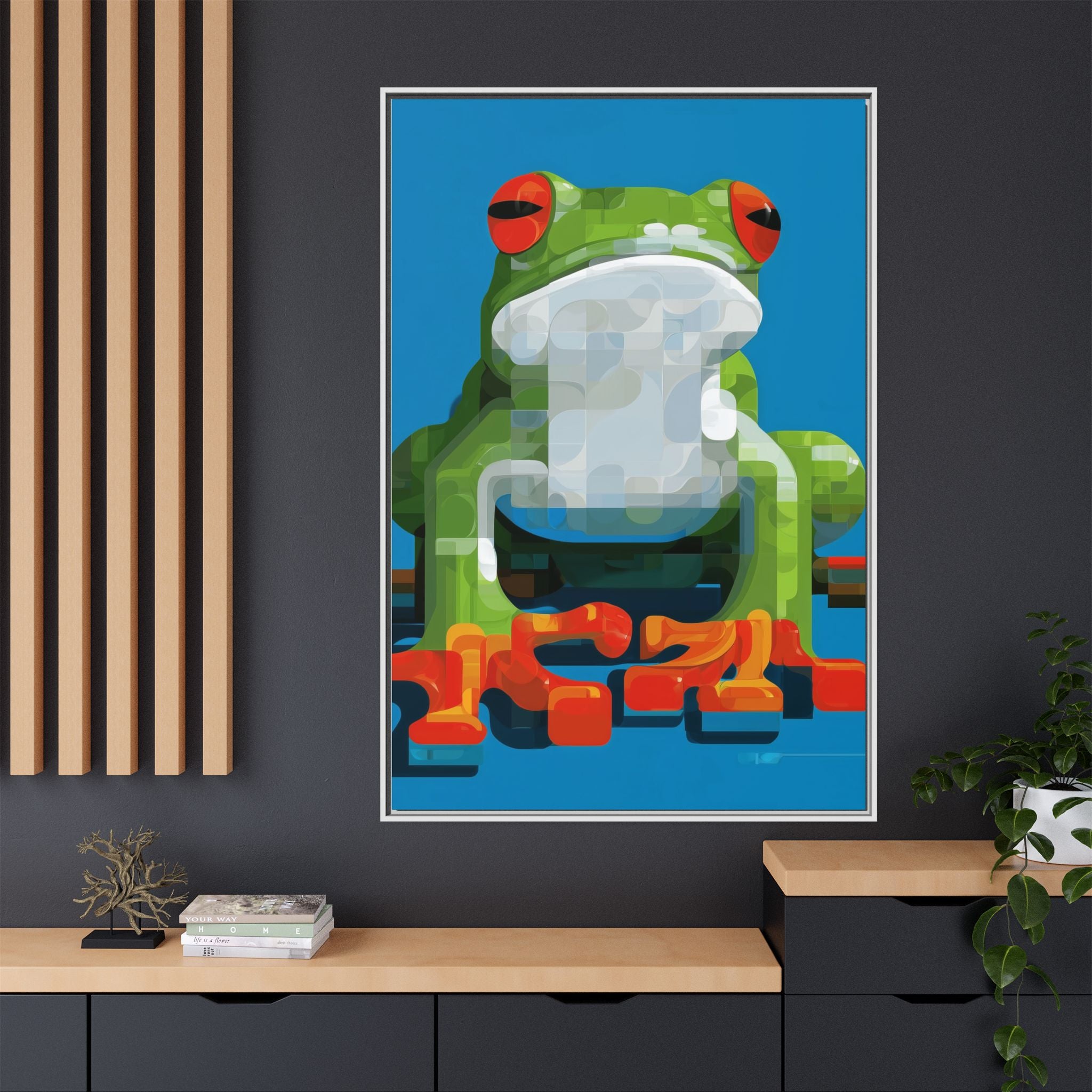 Pixel Frog Framed Print : Geometric Digital Art, Mosaic Amphibian Portrait   |  Personalized & Custom Orders Available