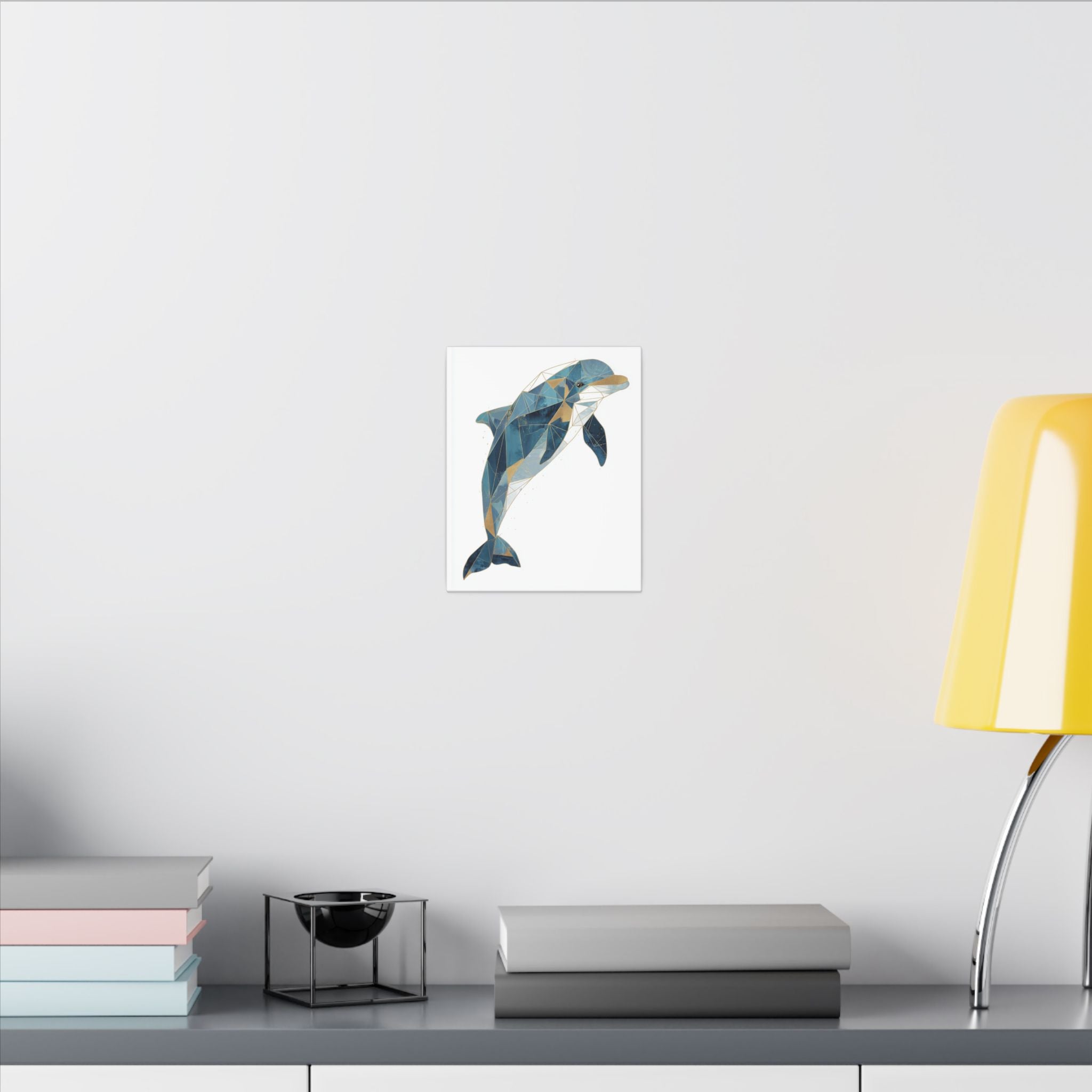Canvas Print, Geometric Abstract Dolphin Gold Accented Wall Art, High Quality, Stretched, Multi-Size, Home Decor, Office Decor, Gift Idea,