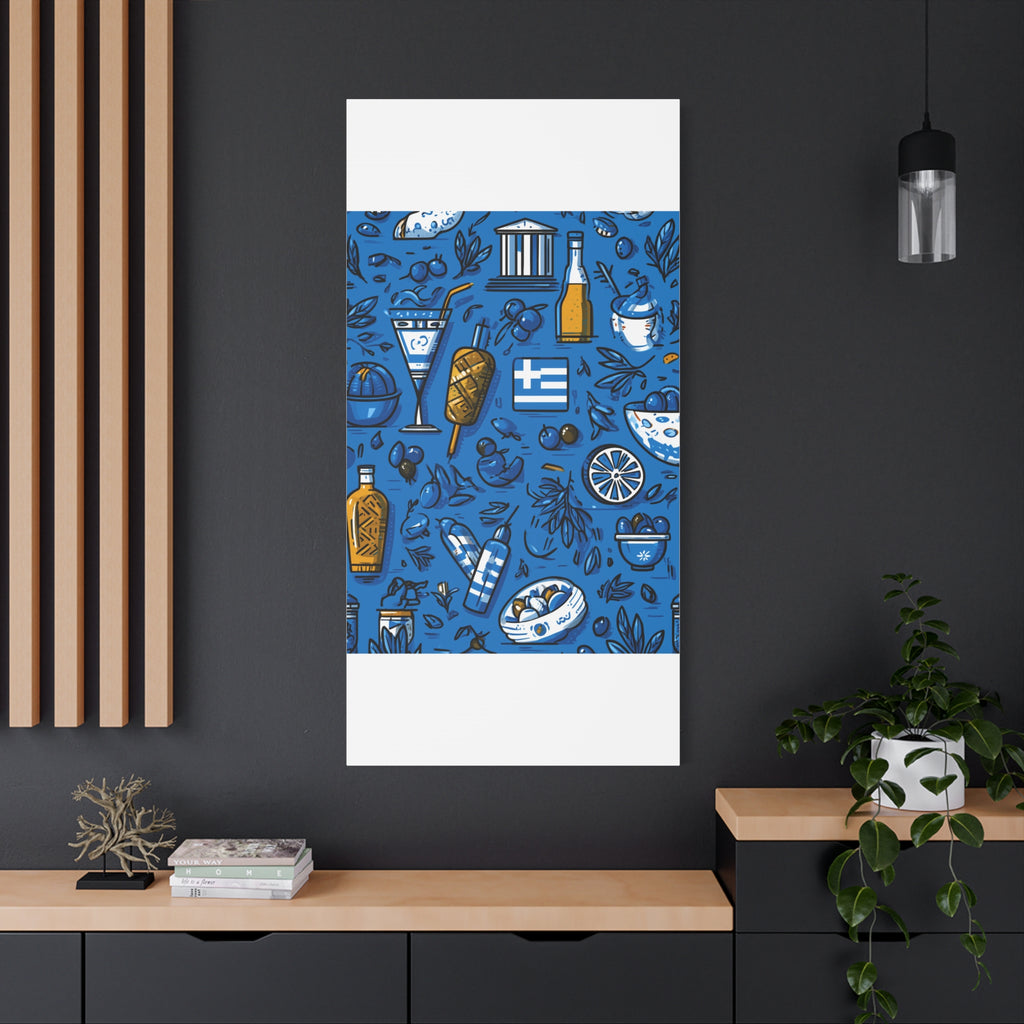Vibrant Canvas Wall Art, Blue Mediterranean Theme, Kitchen Decor, Greek Party Decor, Olive and Drink Motif