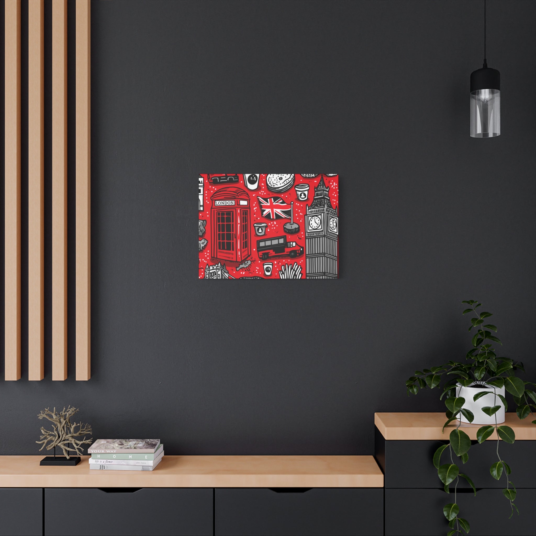 London-Themed Canvas Art, Wall Decor, Home Office Artwork, UK Travel Gift, British Culture Decor, Red and Black Design