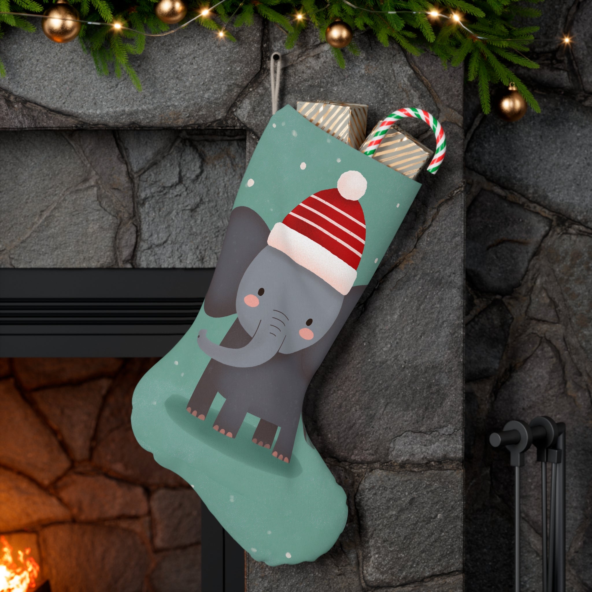 Whimsical Elephant Christmas Stocking, Cute Holiday Decor, Kids Room, Festive Gift, Christmas Decoration