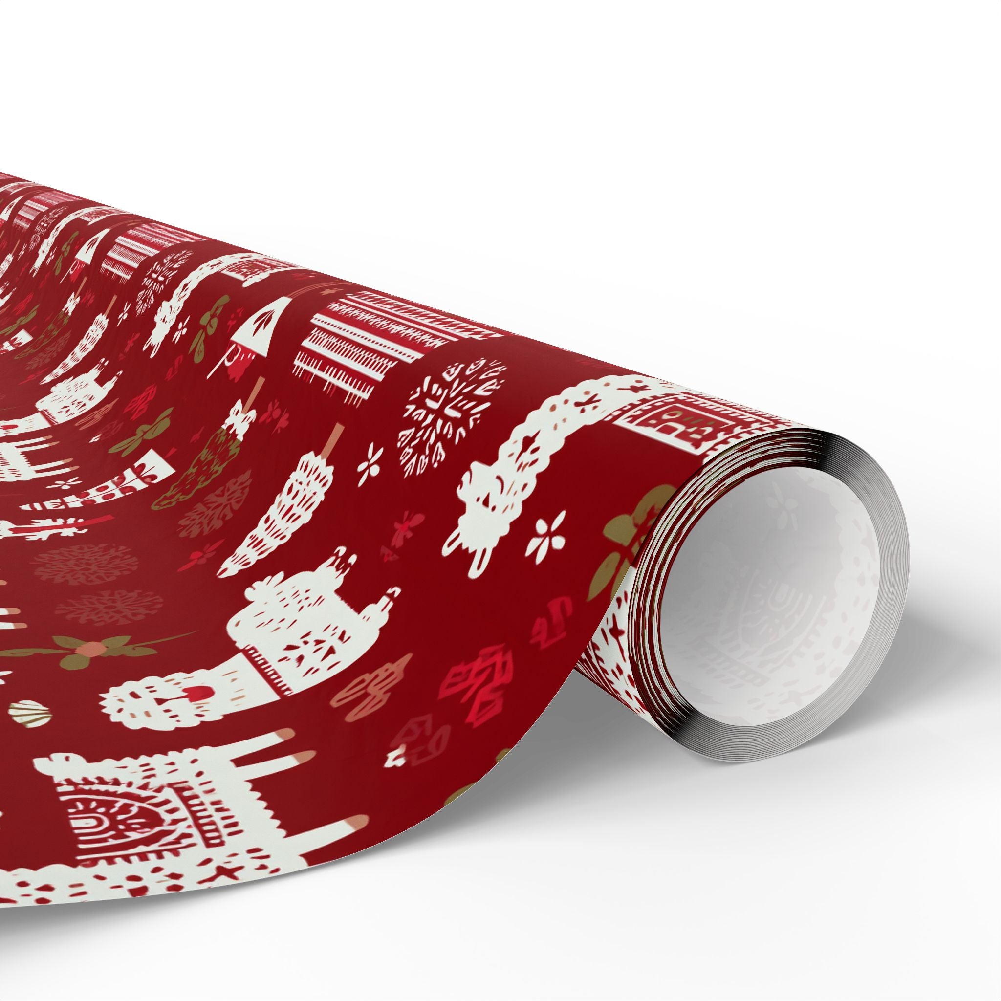Christmas Wrapping Paper Roll — Red Nordic Reindeer & Tree Holiday Print