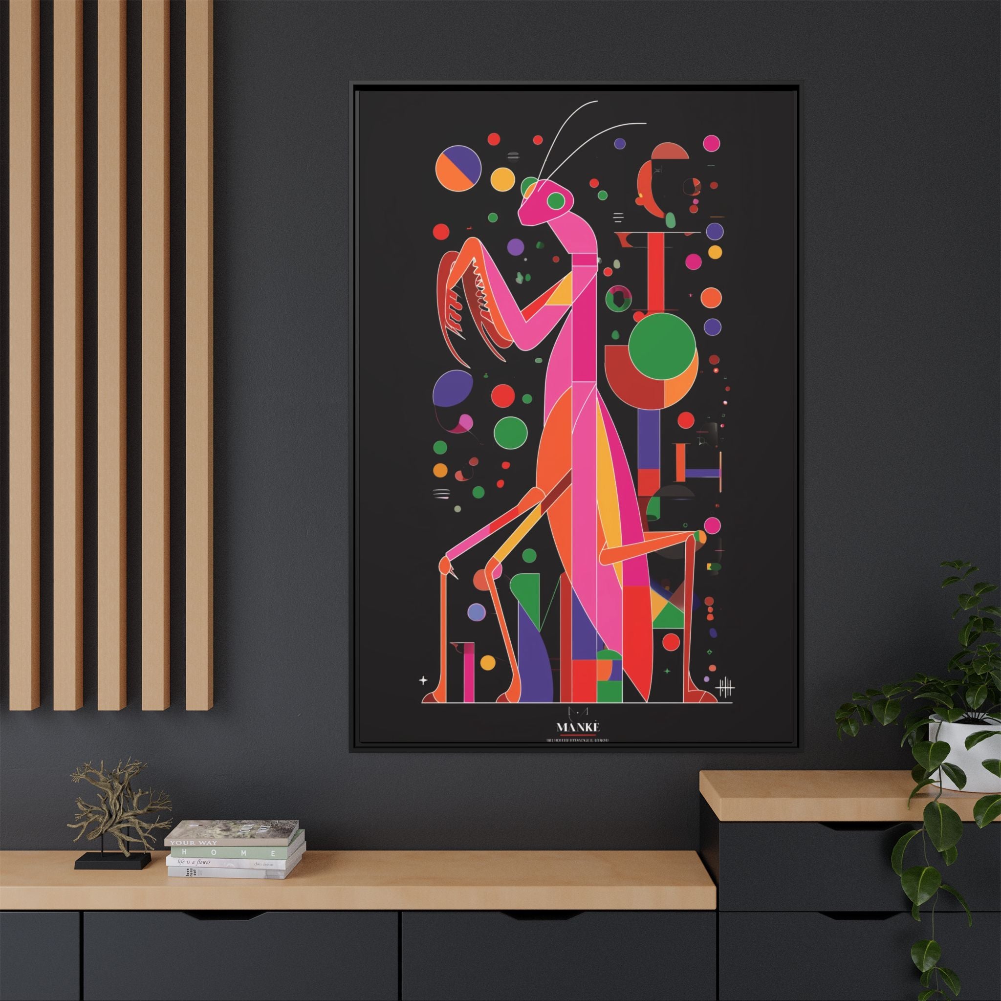 Mantis Geometrica Framed Print : Cubist Insect Design, Vibrant Graphic Poster Art   |   Custom Orders Available