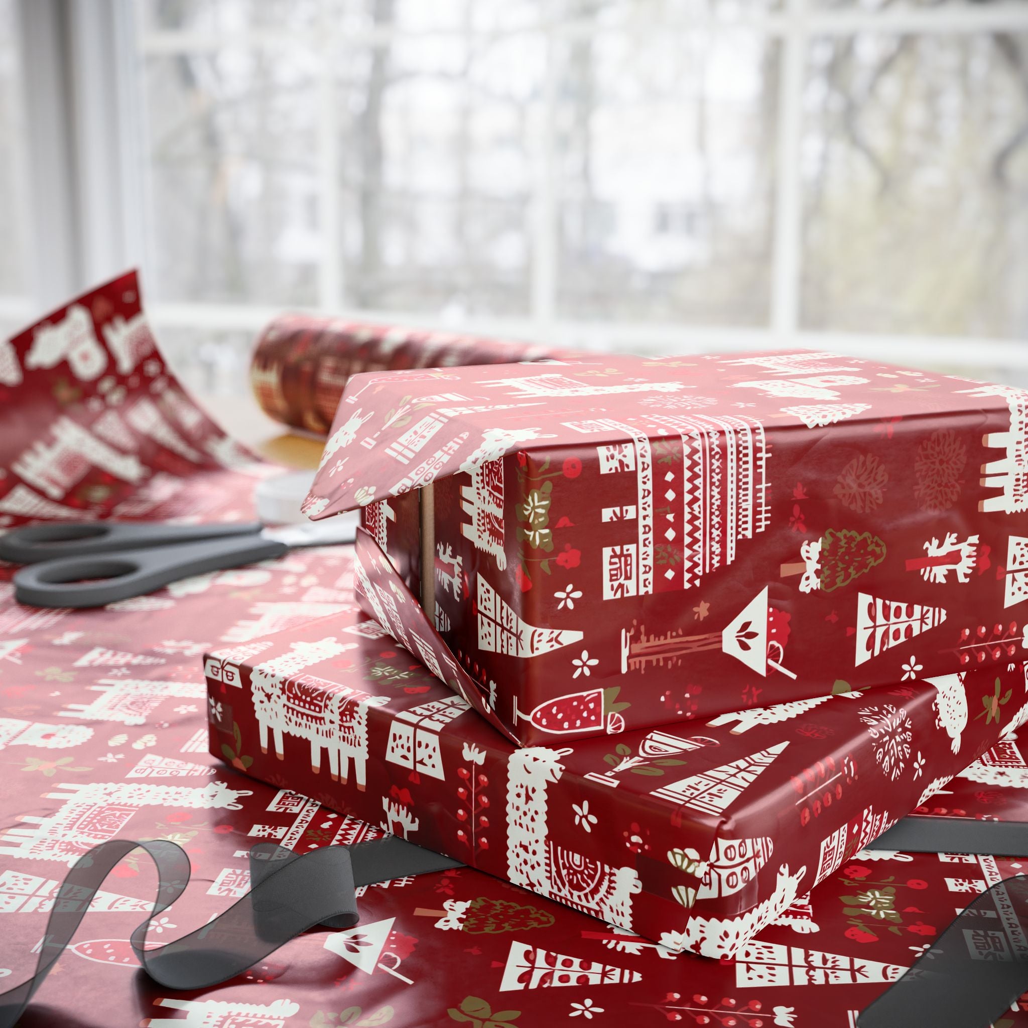 Christmas Wrapping Paper Roll — Red Nordic Reindeer & Tree Holiday Print