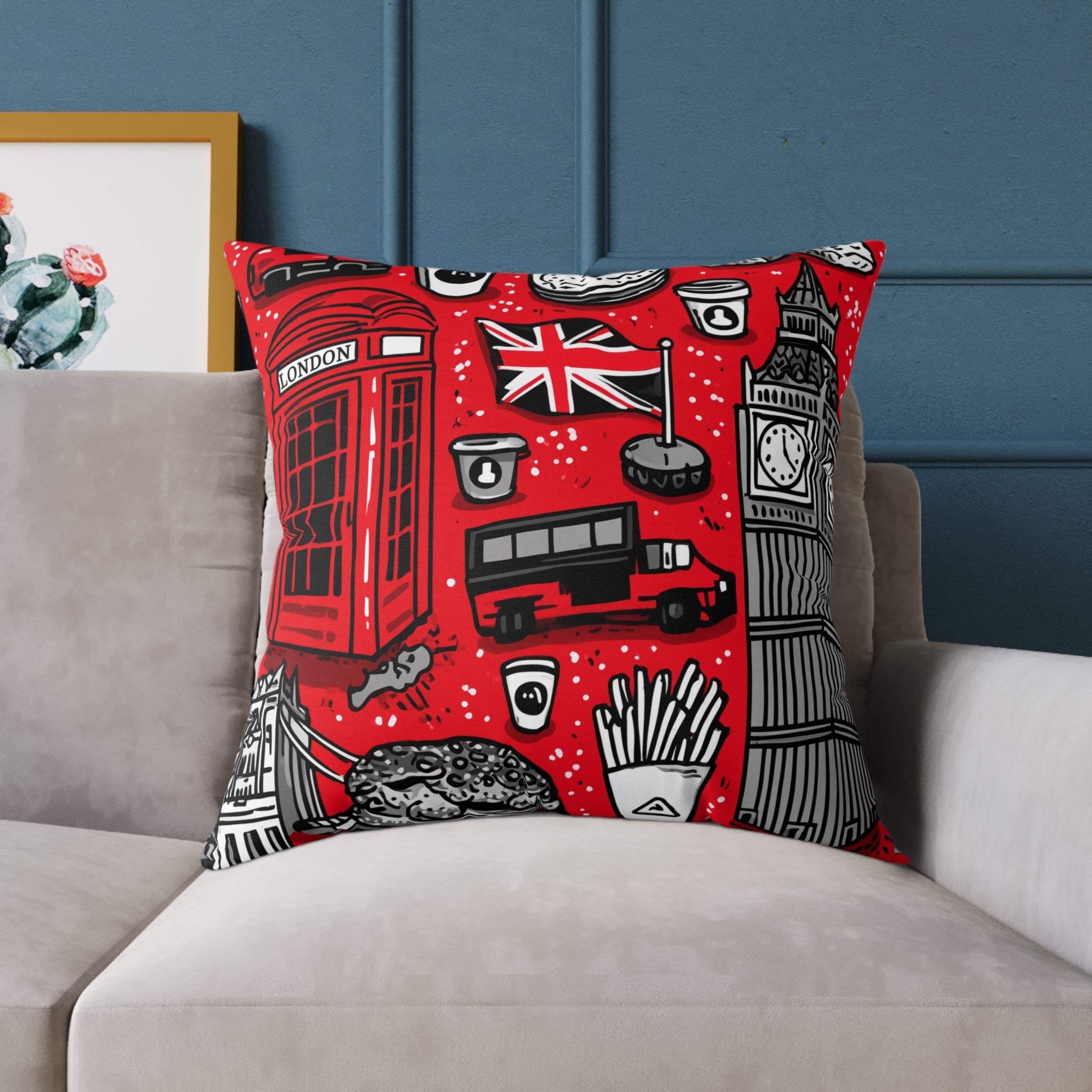 London-Themed Square Poly Canvas Pillow, Unique Home Decor, Cozy Cushion for Travel Lovers, British Inspired Design, Gift for Her