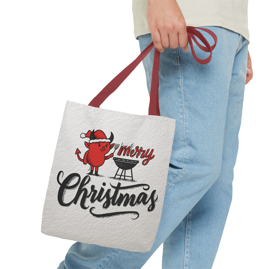 Festive Tote Bag, Christmas Gift, Holiday Shopping Bag, Red Devil BBQ Design, Merry Christmas Tote
