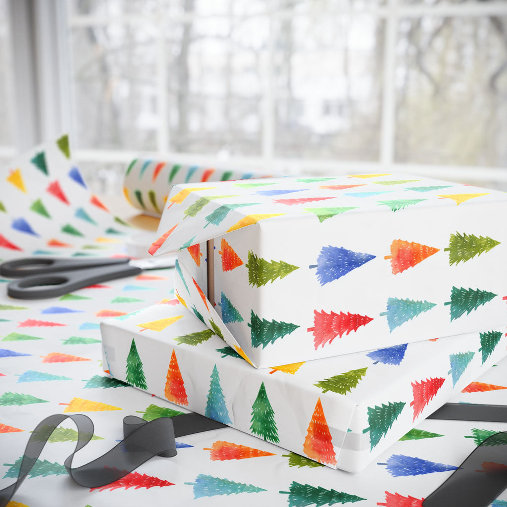Festive Watercolor Christmas Tree Wrapping Paper - Colorful Holiday Gift Wrap