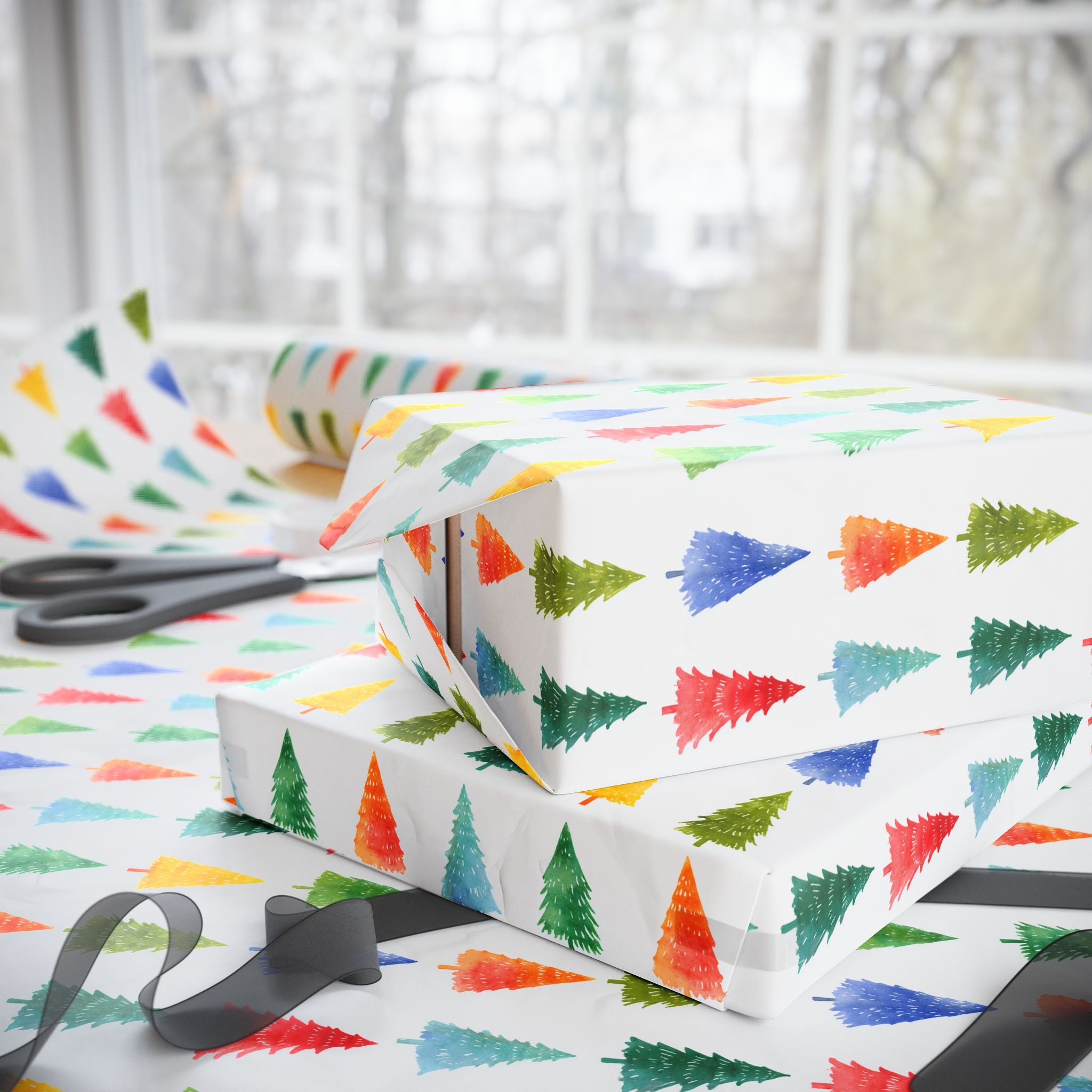 Festive Watercolor Christmas Tree Wrapping Paper - Colorful Holiday Gift Wrap