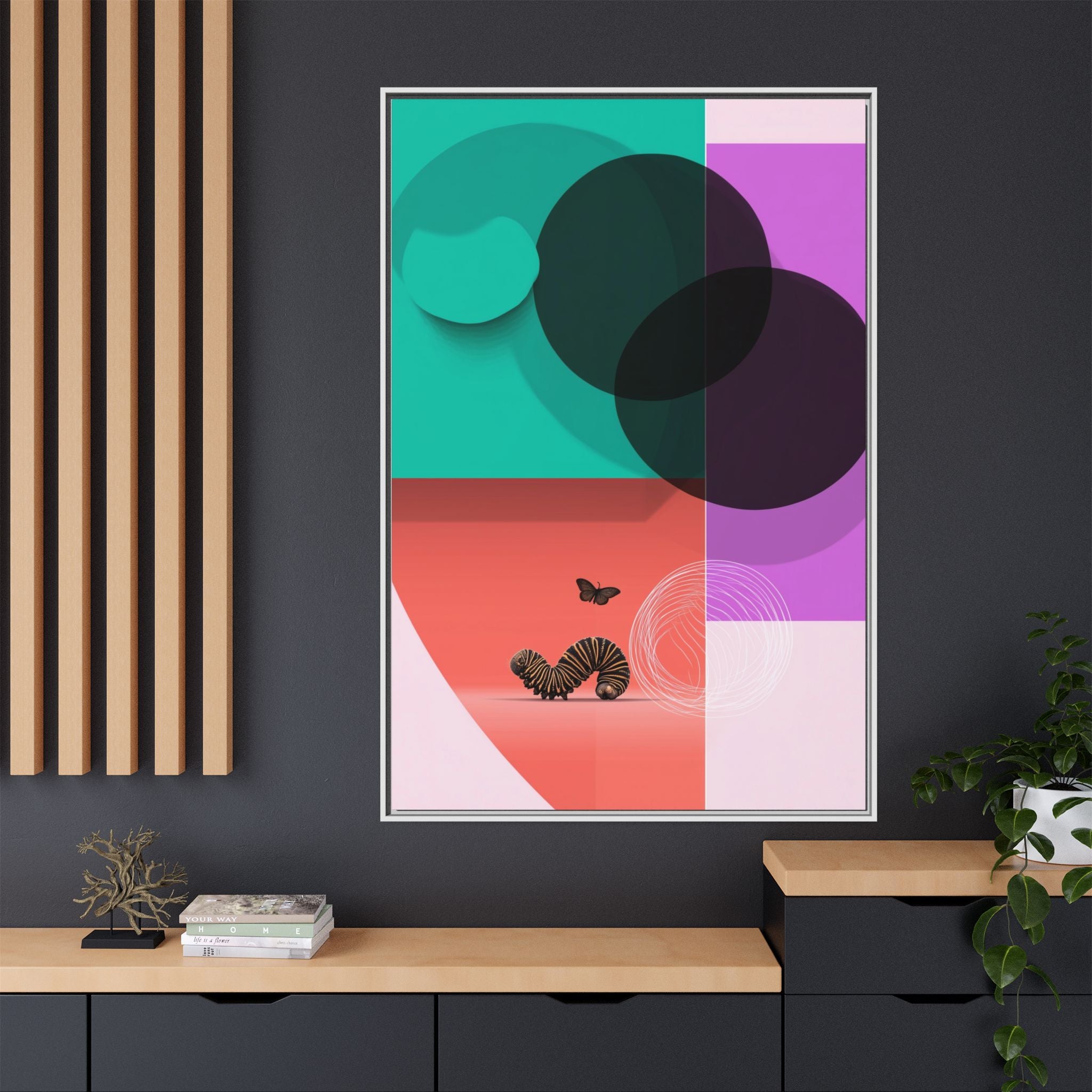 Striped Caterpillar and Butterfly Framed Print , Mid-Century Modern Color Blocks   |  Personalized & Custom Orders Available