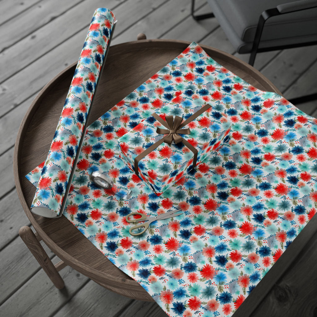 Wrapping Paper — Watercolor Floral Holiday Pattern (Red, Teal, Pine Sprigs)