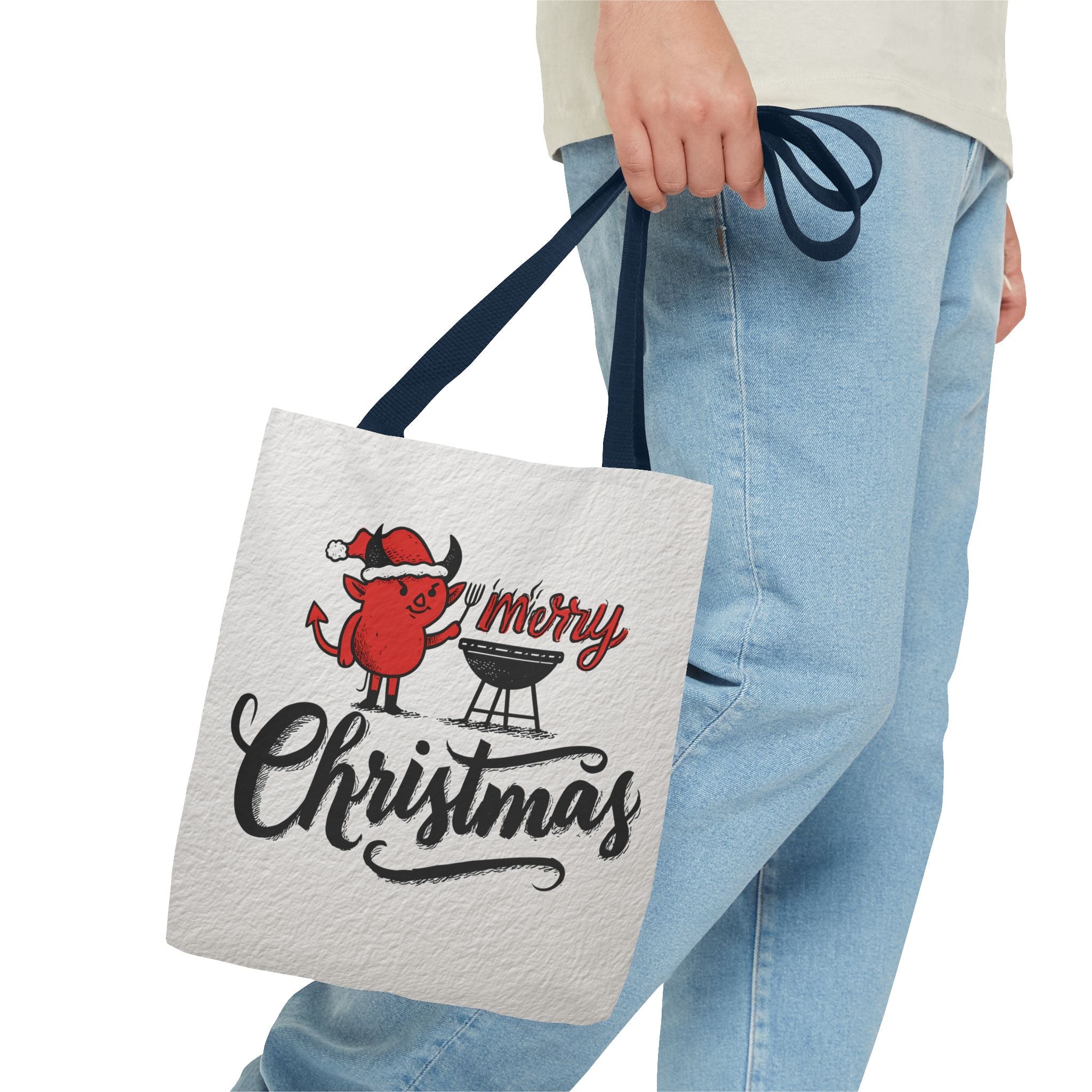 Festive Tote Bag, Christmas Gift, Holiday Shopping Bag, Red Devil BBQ Design, Merry Christmas Tote