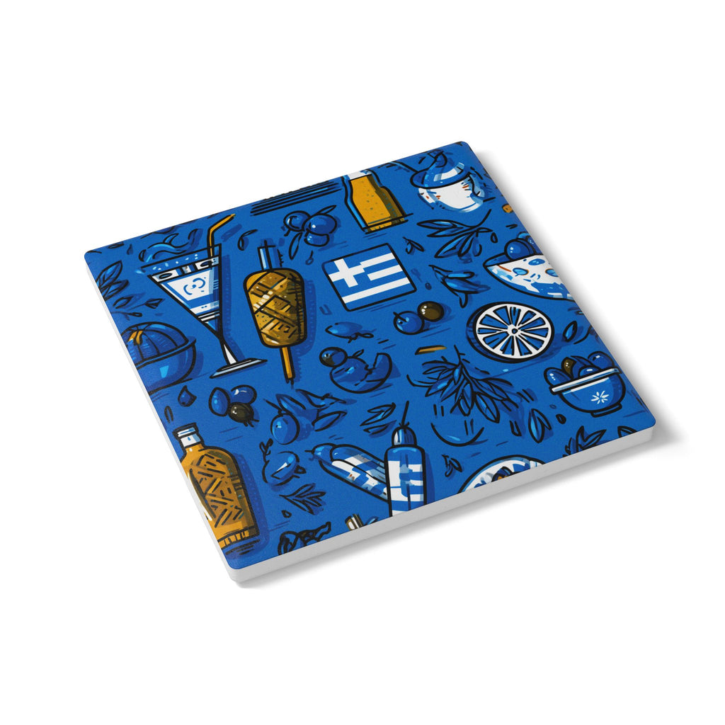 Vibrant Greek-Themed Ceramic Coaster Set | Fun Drink Coasters, Housewarming Gift, Bar Decor, Kitchen Accessory, Festival Party Idea