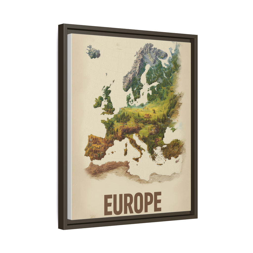 Framed Europe Map Canvas Print — Vintage Landscape Style Wall Art
