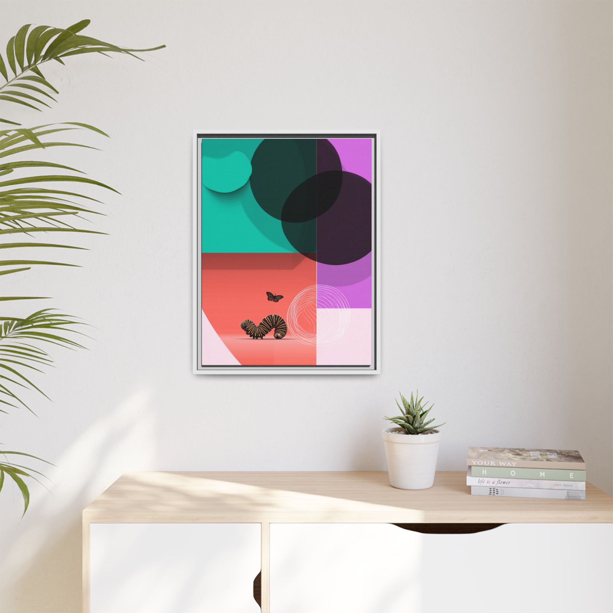 Striped Caterpillar and Butterfly Framed Print , Mid-Century Modern Color Blocks   |  Personalized & Custom Orders Available