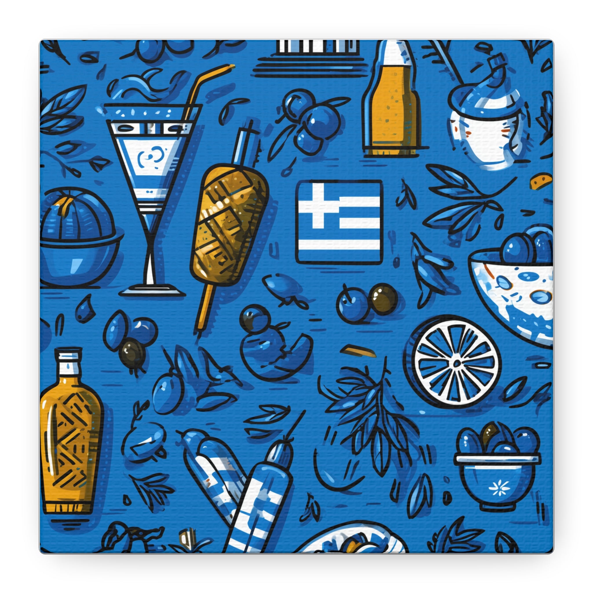 Vibrant Canvas Wall Art, Blue Mediterranean Theme, Kitchen Decor, Greek Party Decor, Olive and Drink Motif