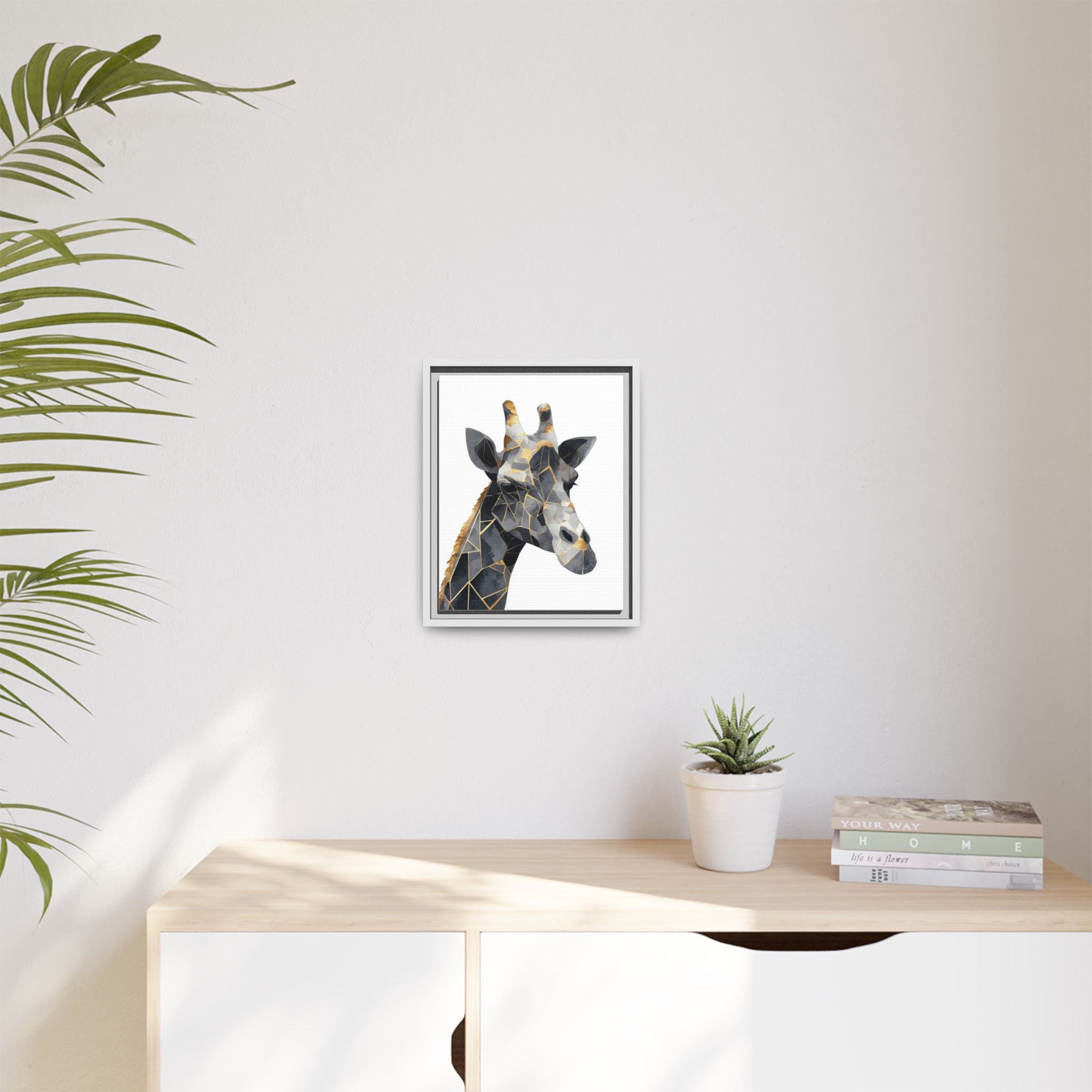 Geometric Giraffe Mosaic Framed Print : Contemporary Cubist Animal Portrait, Metallic Gold Angular Design   |   Custom Orders Available