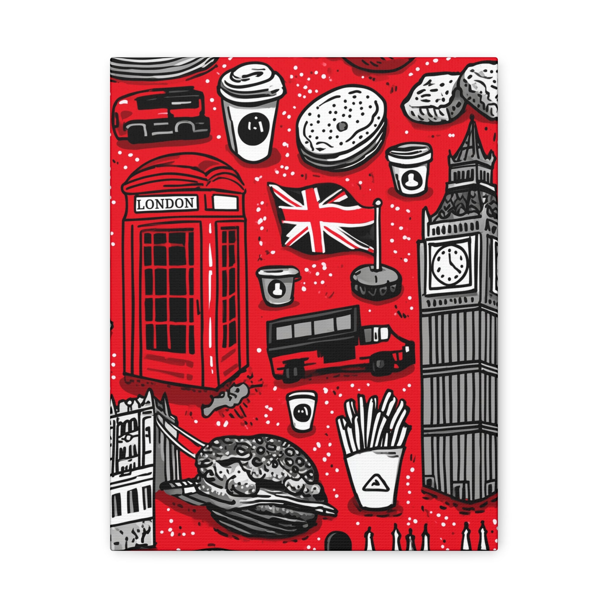 London-Themed Canvas Art, Wall Decor, Home Office Artwork, UK Travel Gift, British Culture Decor, Red and Black Design