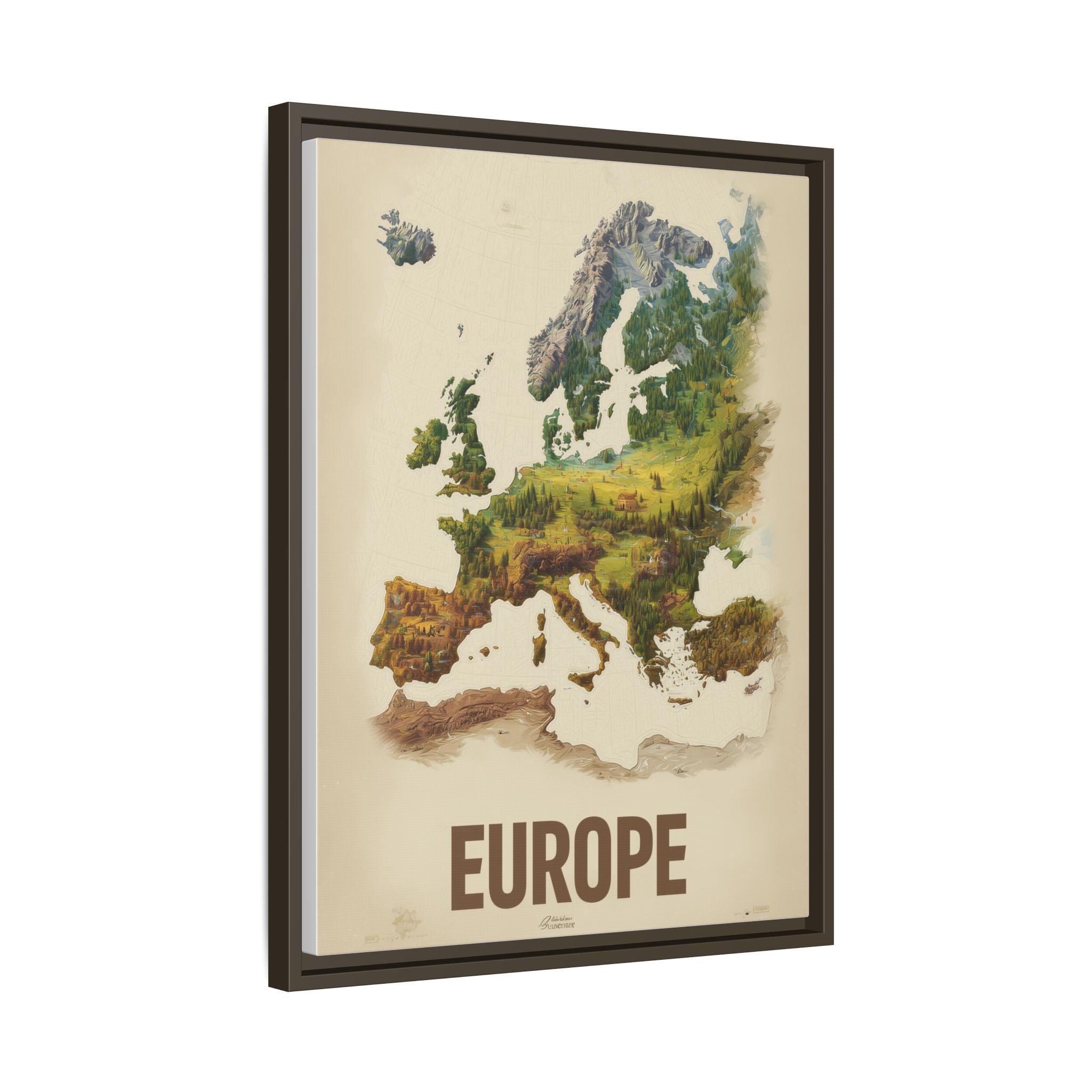 Framed Europe Map Canvas Print — Vintage Landscape Style Wall Art