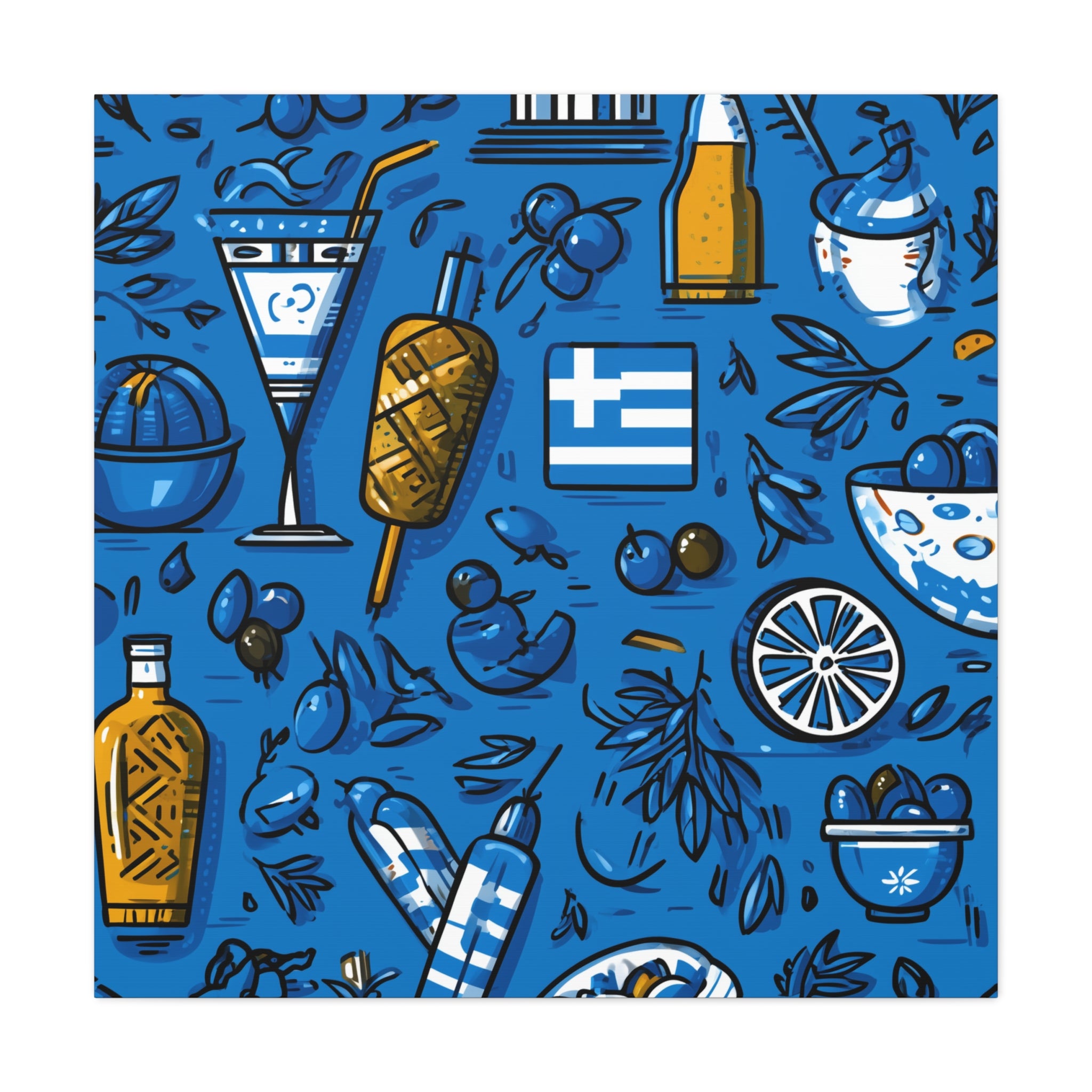 Vibrant Canvas Wall Art, Blue Mediterranean Theme, Kitchen Decor, Greek Party Decor, Olive and Drink Motif