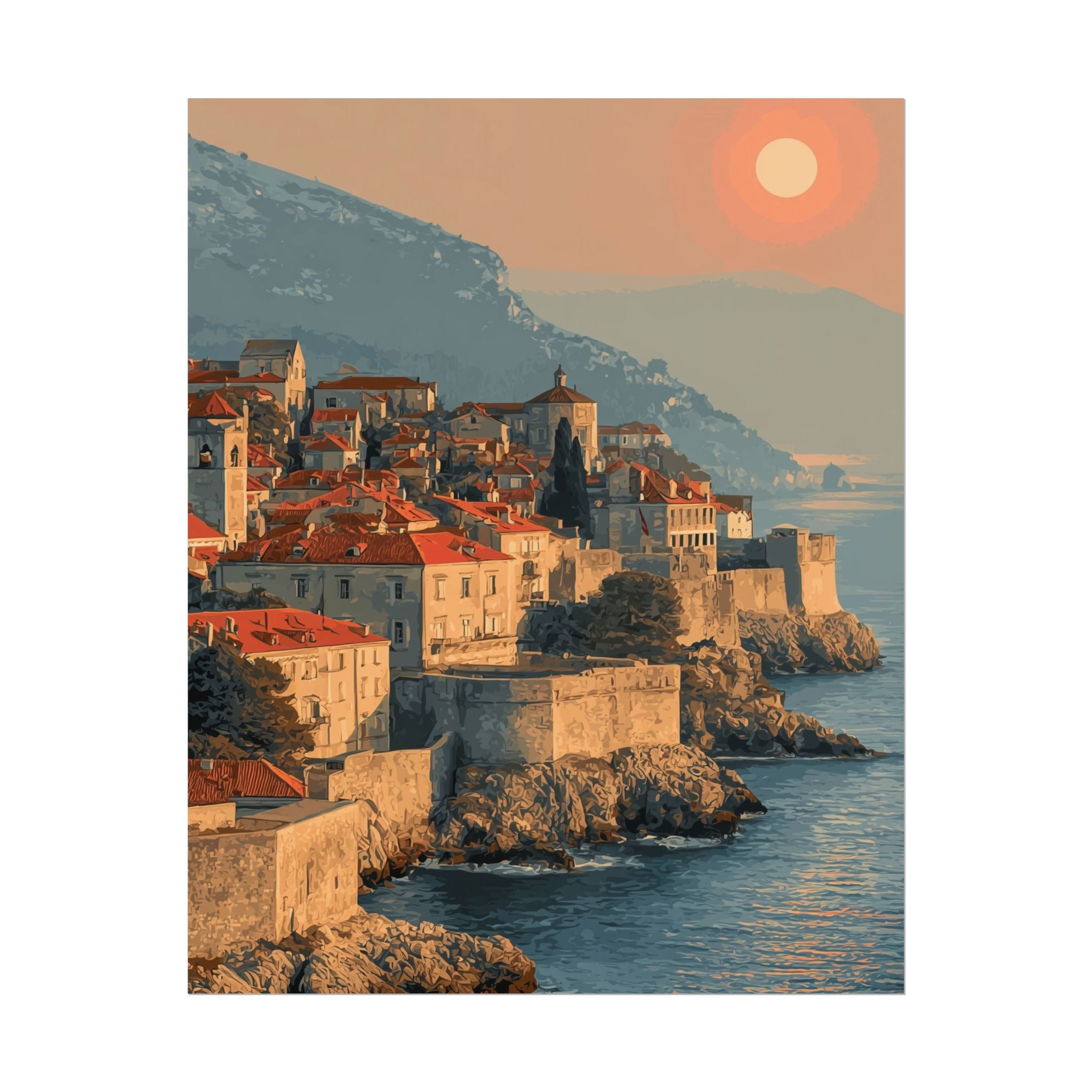 Dubrovnik's Golden Hour: Medieval Coastal Cityscape, Adriatic Sunset Panorama   |    Custom Orders Available