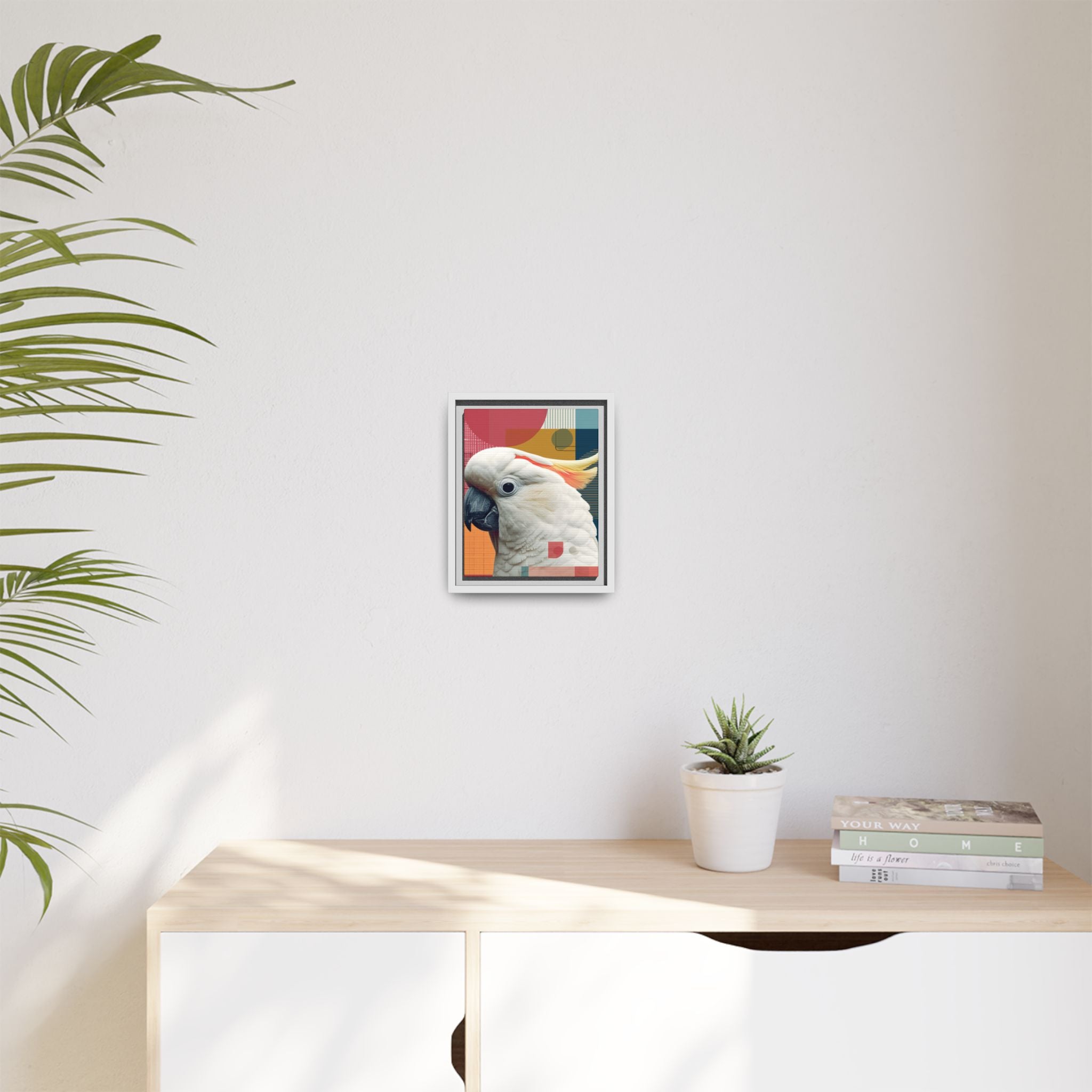 Framed Print, Cockatoo Abstract Geometric Wall Art, Matte Canvas, Colorful Bird Poster, Modern Home Decor, Tropical Animal Painting, Unique