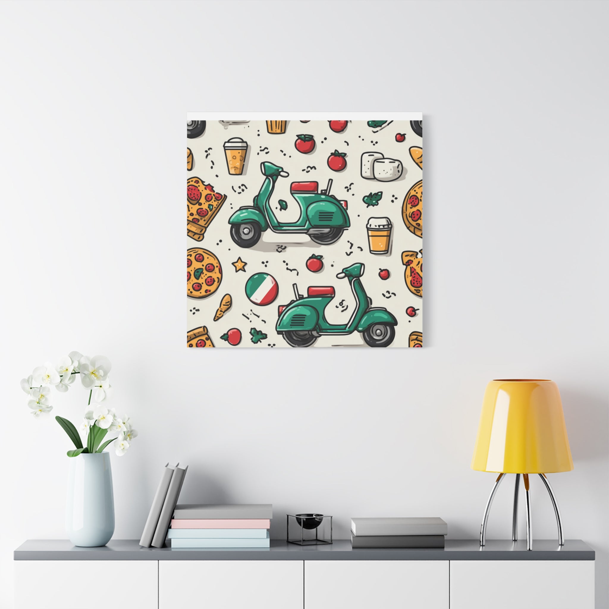 Vibrant Travel Nostalgia Canvas Art, Scooter Decor, Foodie Wall Art, Fun Home Decor, Gift for Adventurers, Kitchen Wall Hanging