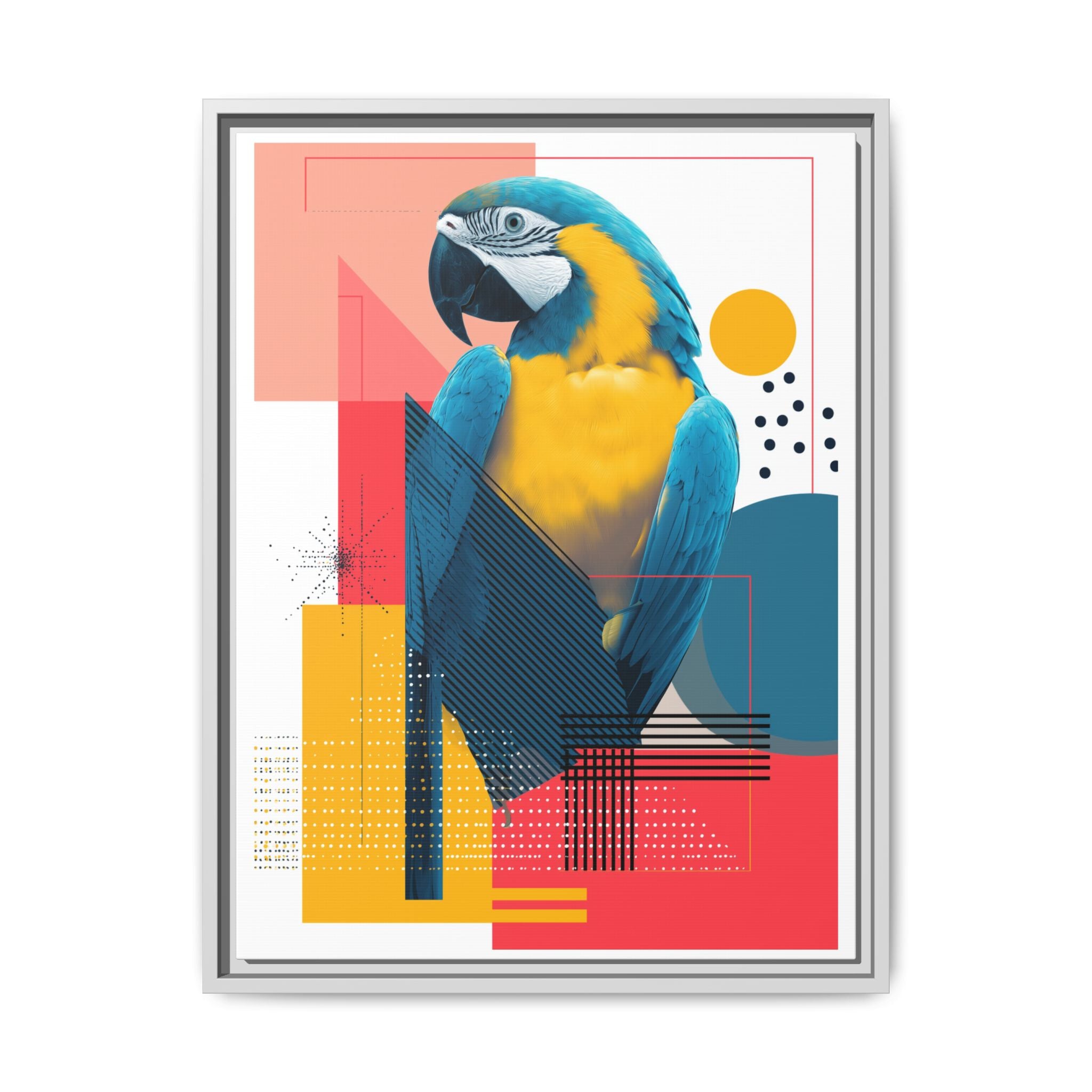 Prismatic Parrot Framed Print: Blue and Yellow Macaw in Geometric Space, Digital Art Composition   |  Personalized & Custom Orders Available