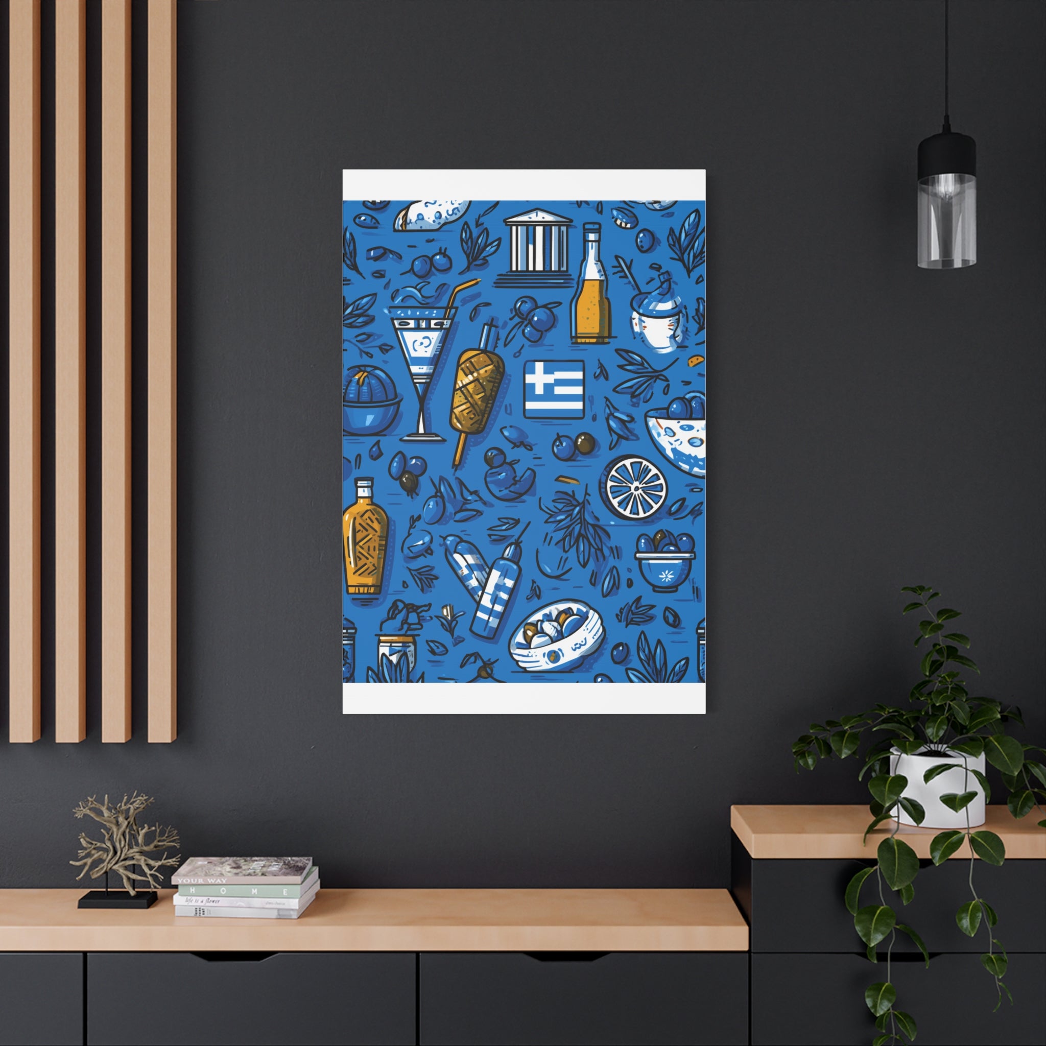 Vibrant Canvas Wall Art, Blue Mediterranean Theme, Kitchen Decor, Greek Party Decor, Olive and Drink Motif
