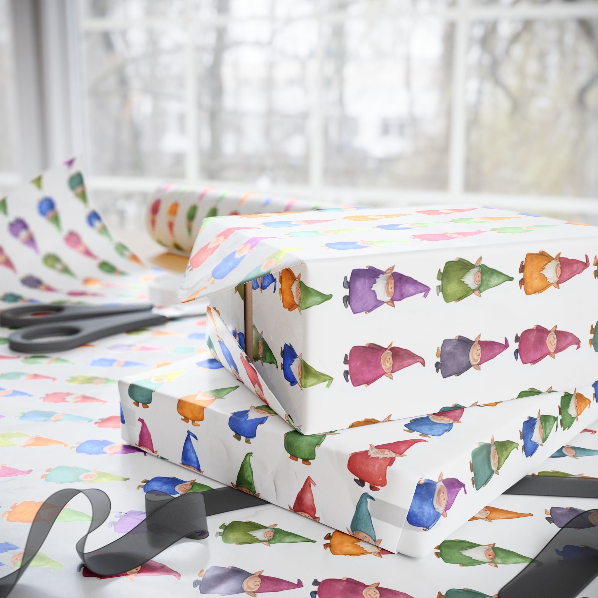 Gnome Pattern Wrapping Paper Roll – Colorful Scandinavian Gnomes Holiday Gift Wrap