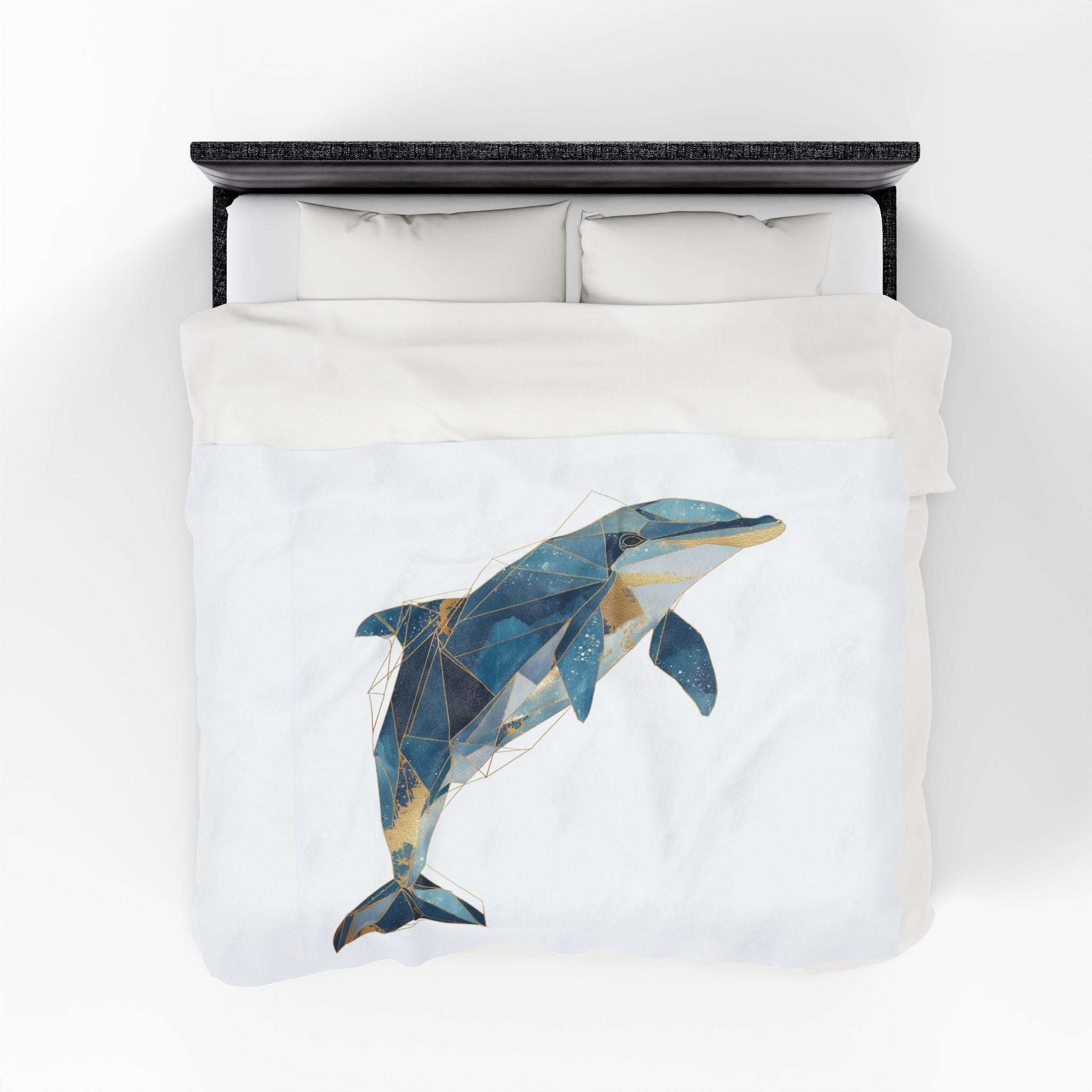 Velveteen Plush Blanket, Blue and Gold Geometric Dolphin Blanket, Ocean Theme, Gold Accent, Home Decor, Cozy Throw, Nautical Blanket, Gift
