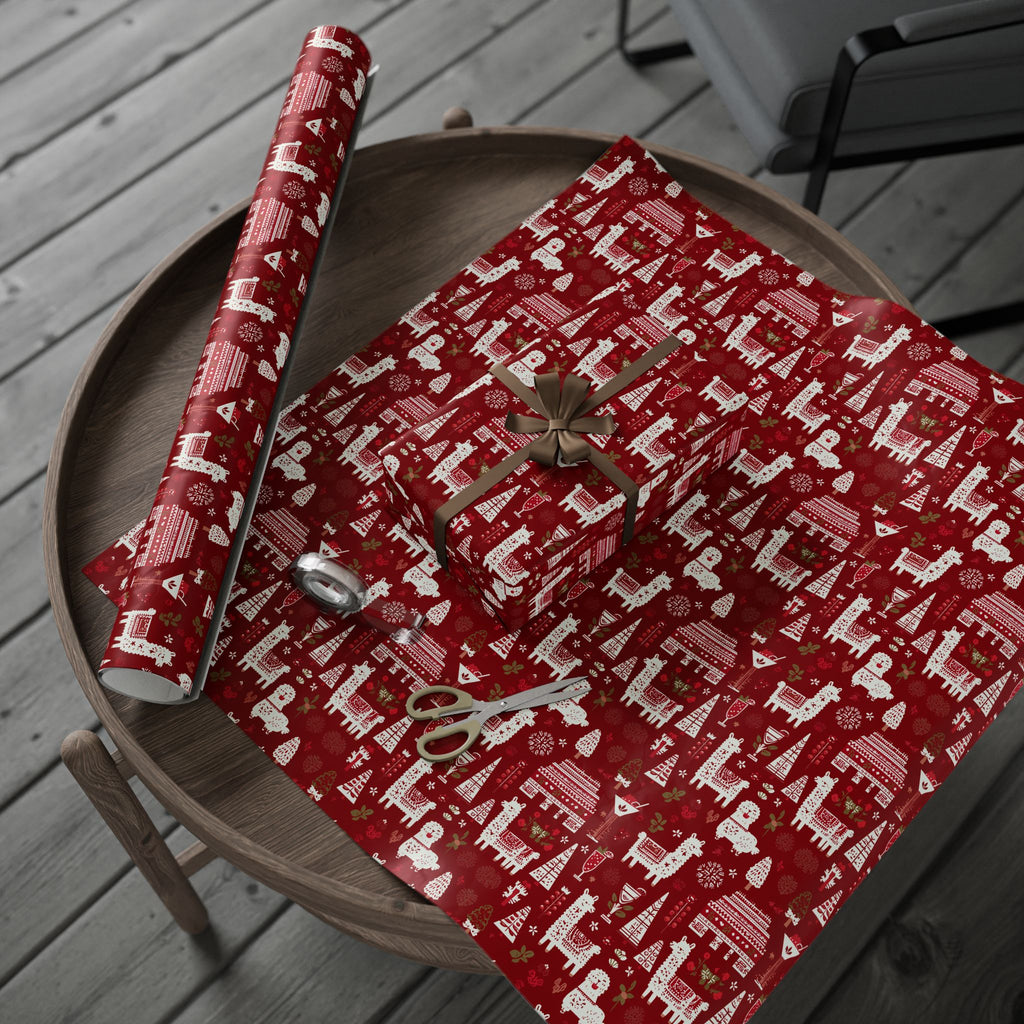 Christmas Wrapping Paper Roll — Red Nordic Reindeer & Tree Holiday Print
