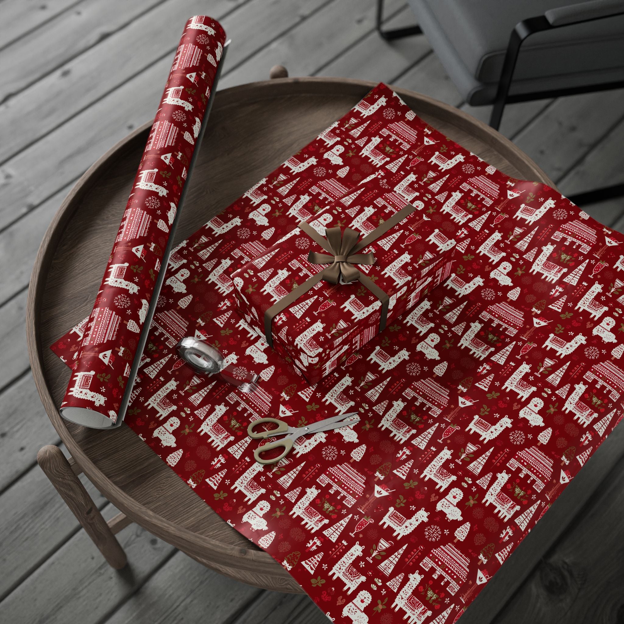 Christmas Wrapping Paper Roll — Red Nordic Reindeer & Tree Holiday Print