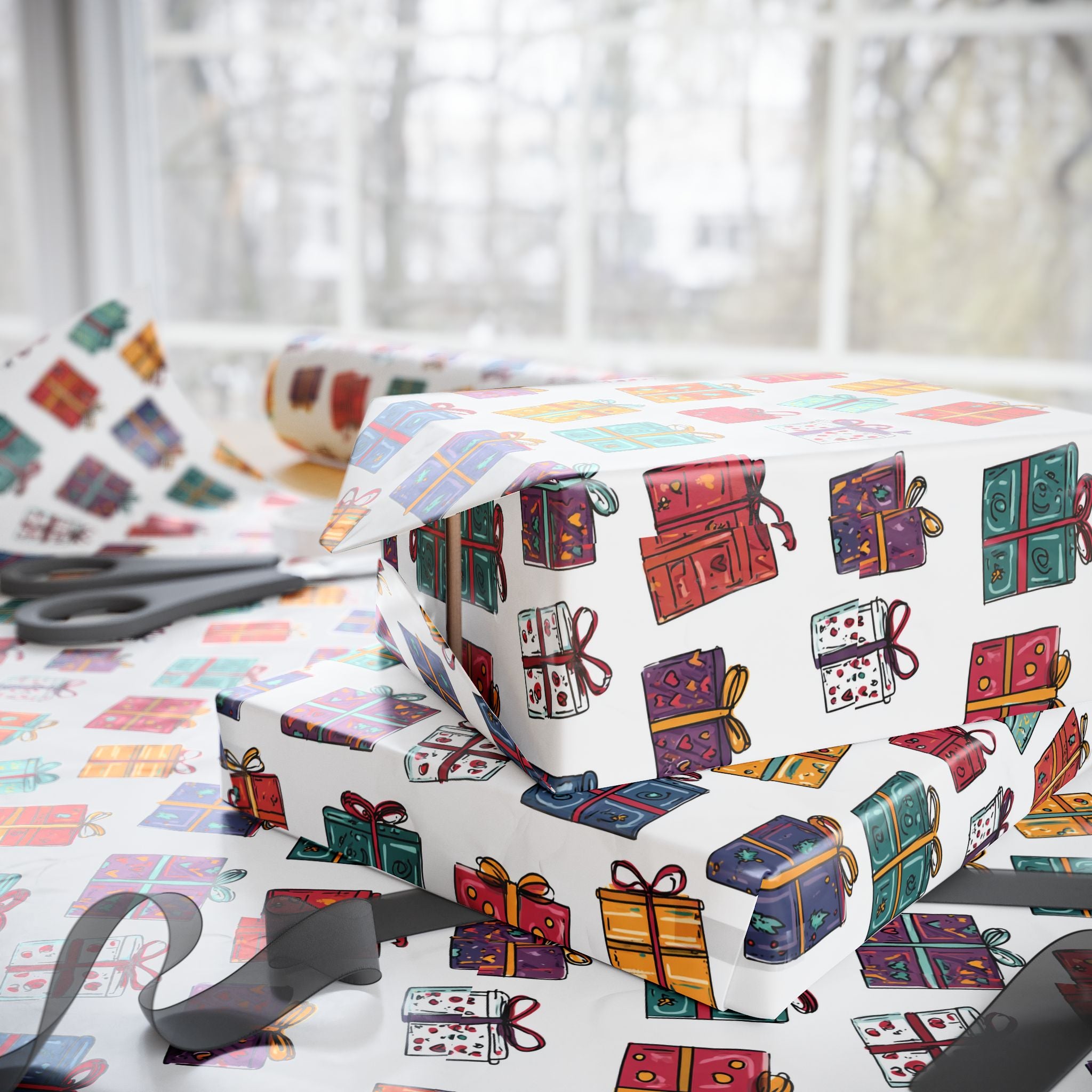 Gift Wrap Paper Roll — Colorful Hand-Drawn Presents Pattern