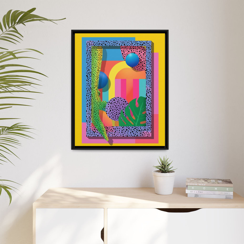 Geometric Rhythms: Abstract Layers of Color, Dimensional Shapes and Tropical Elements, Vibrant Modern Art Composition   |   Custom Orders