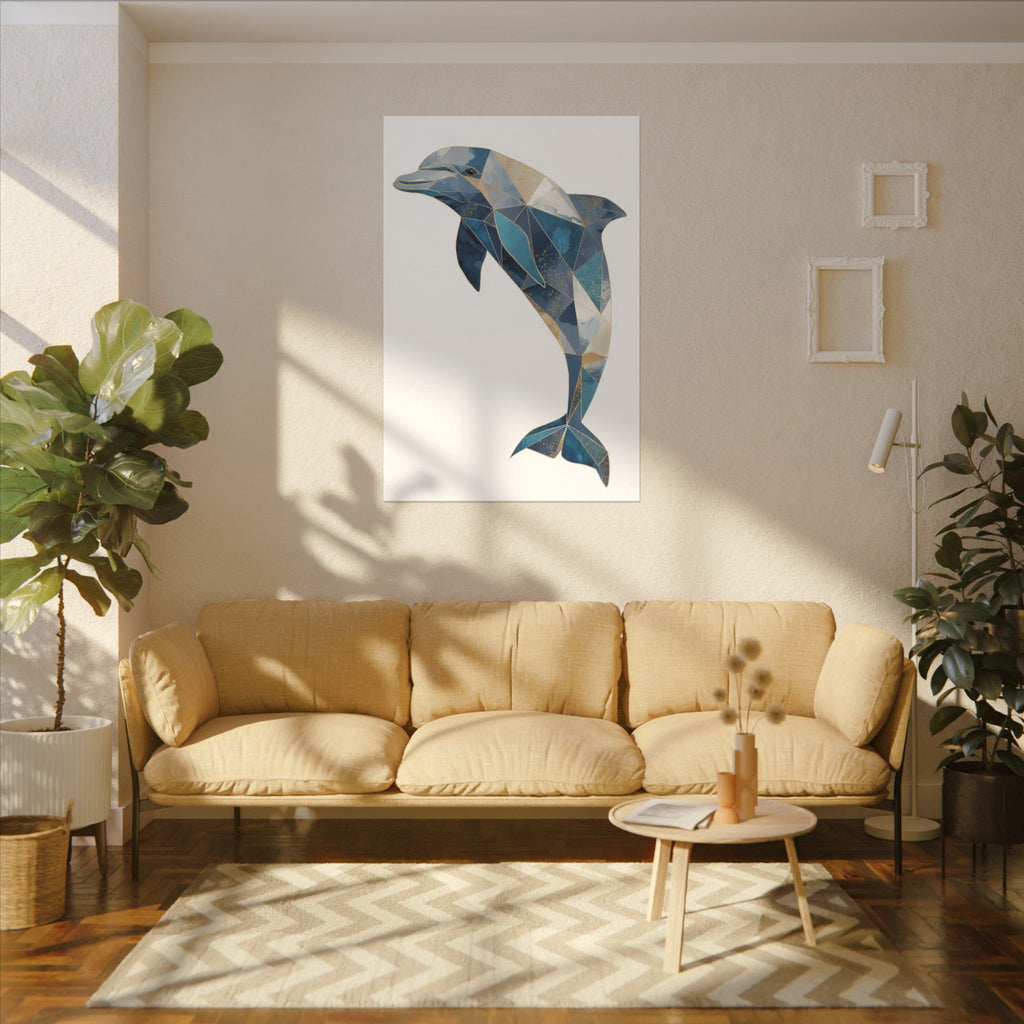 Canvas Print, Geometric Abstract Dolphin Gold Accented Art, High Quality Wall Decor, Nautical Sea Theme, Coastal Home Decor, Ocean Animal
