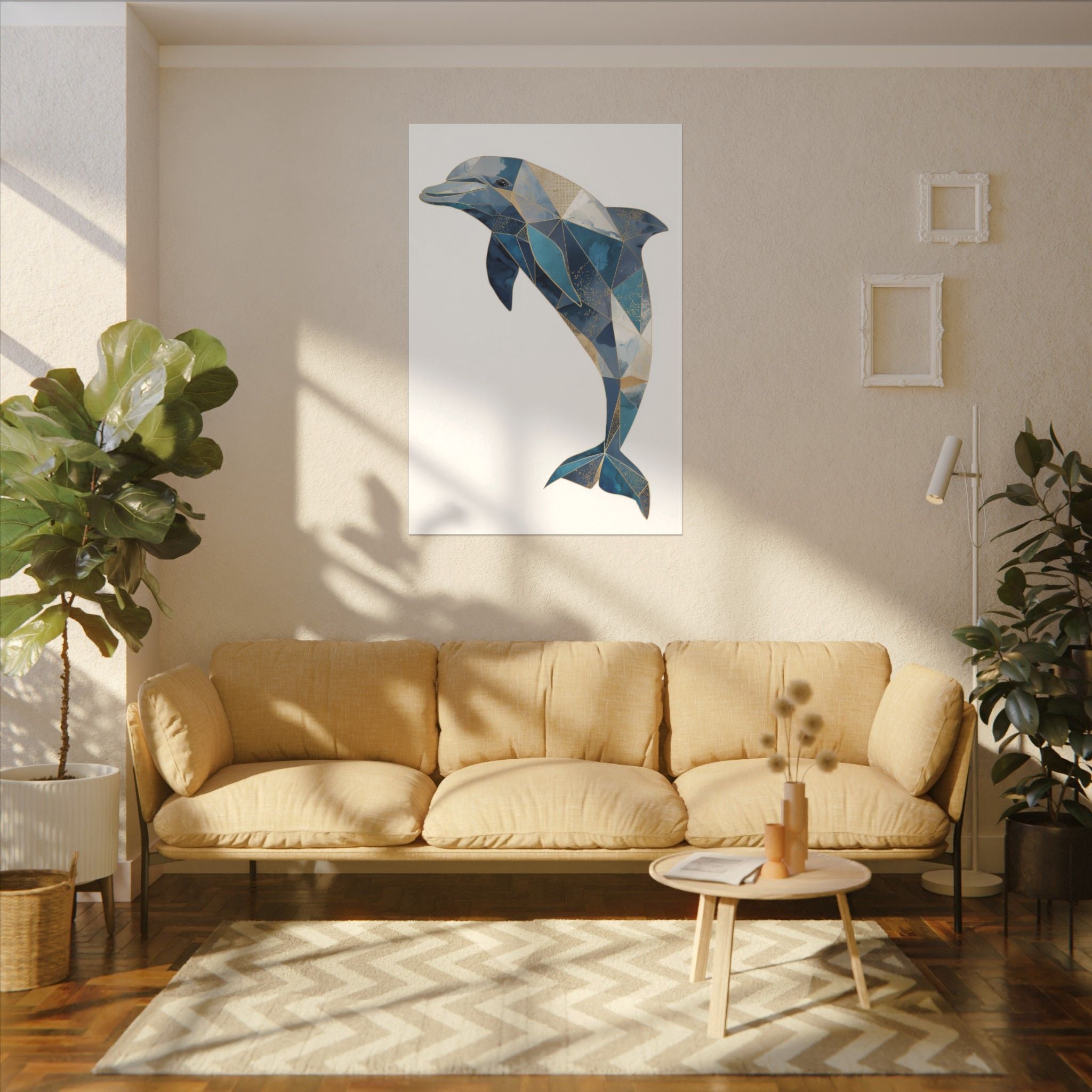 Canvas Print, Geometric Abstract Dolphin Gold Accented Art, High Quality Wall Decor, Nautical Sea Theme, Coastal Home Decor, Ocean Animal