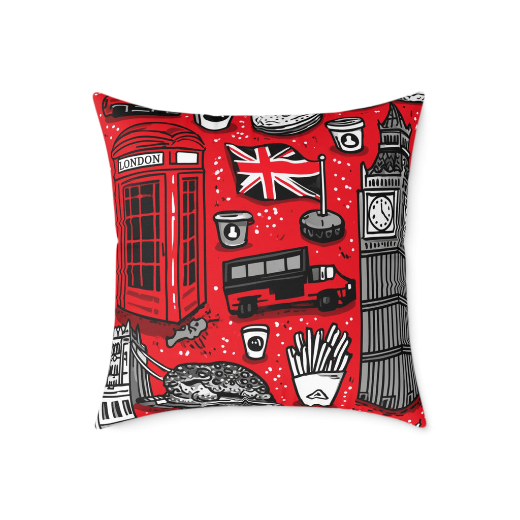 London-Themed Square Poly Canvas Pillow, Unique Home Decor, Cozy Cushion for Travel Lovers, British Inspired Design, Gift for Her