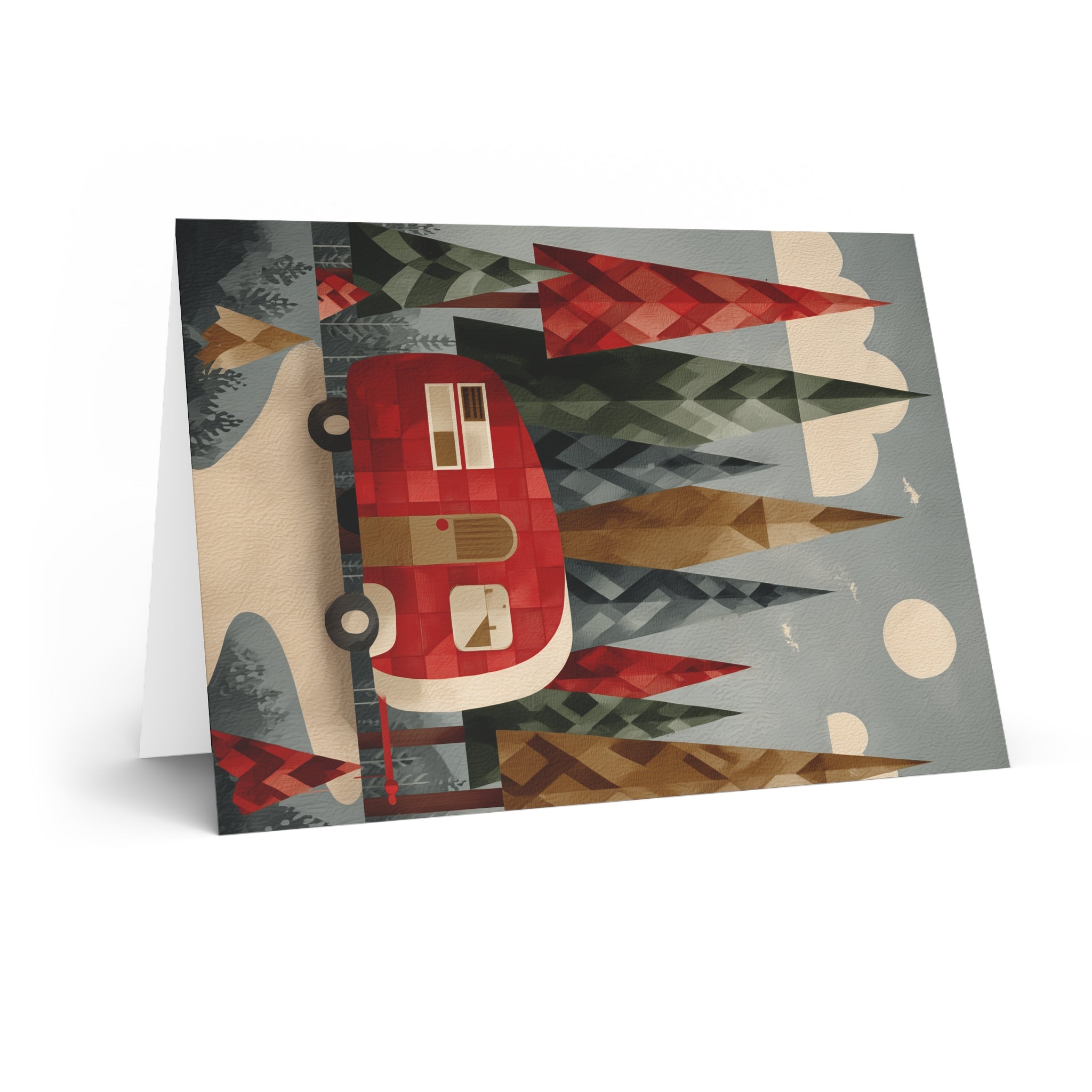 Camping Caravan Greeting Card — Retro Camper & Pine Trees Note Card