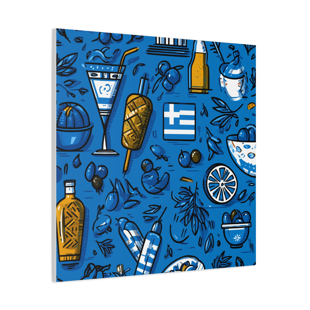 Vibrant Canvas Wall Art, Blue Mediterranean Theme, Kitchen Decor, Greek Party Decor, Olive and Drink Motif