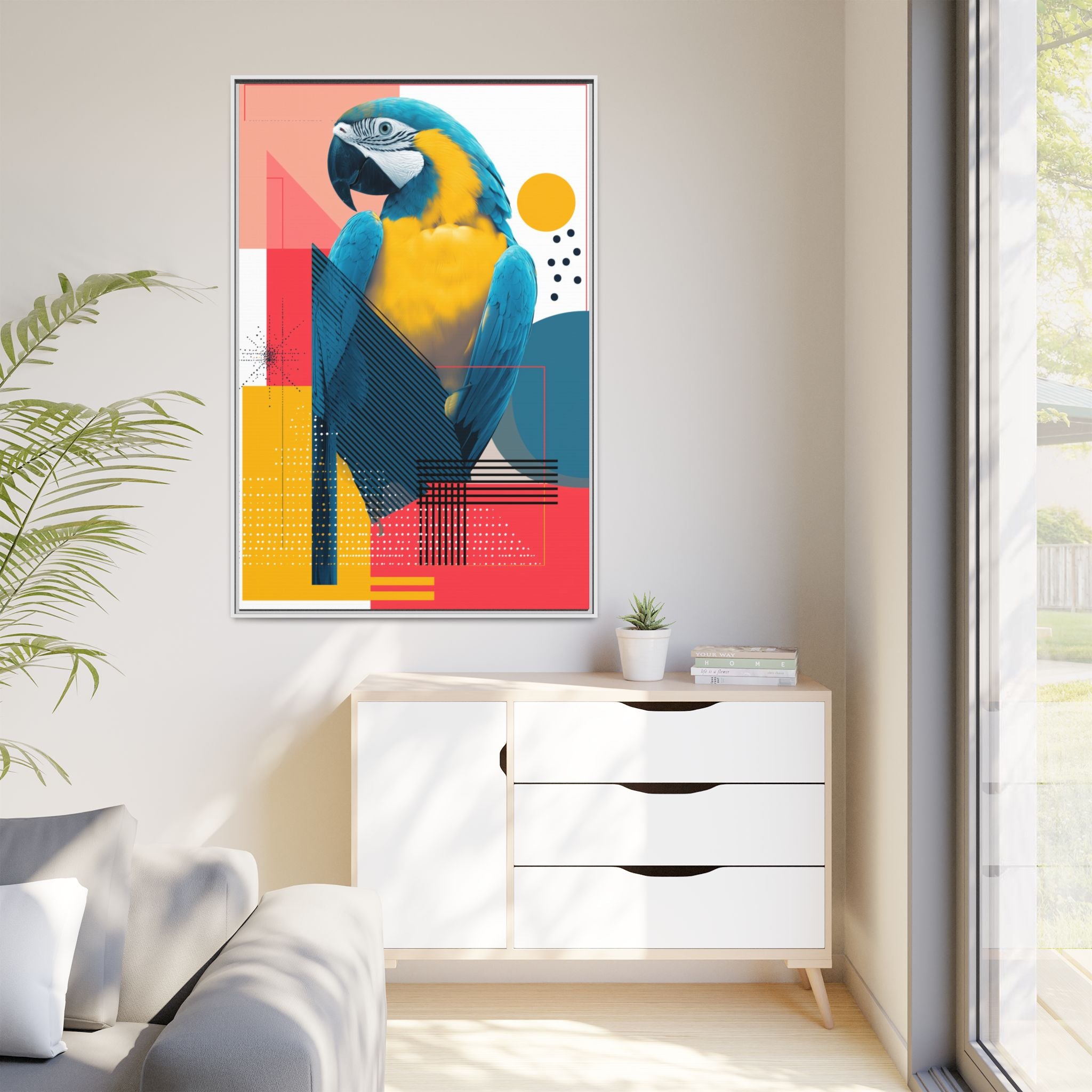 Prismatic Parrot Framed Print: Blue and Yellow Macaw in Geometric Space, Digital Art Composition   |  Personalized & Custom Orders Available