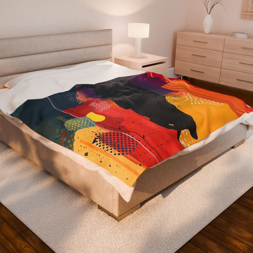 Feline Geometrica Blanket: Black Cat Silhouette, Abstract Color Blocks, Modern Graphic Design   |  Personalized & Custom Orders Available