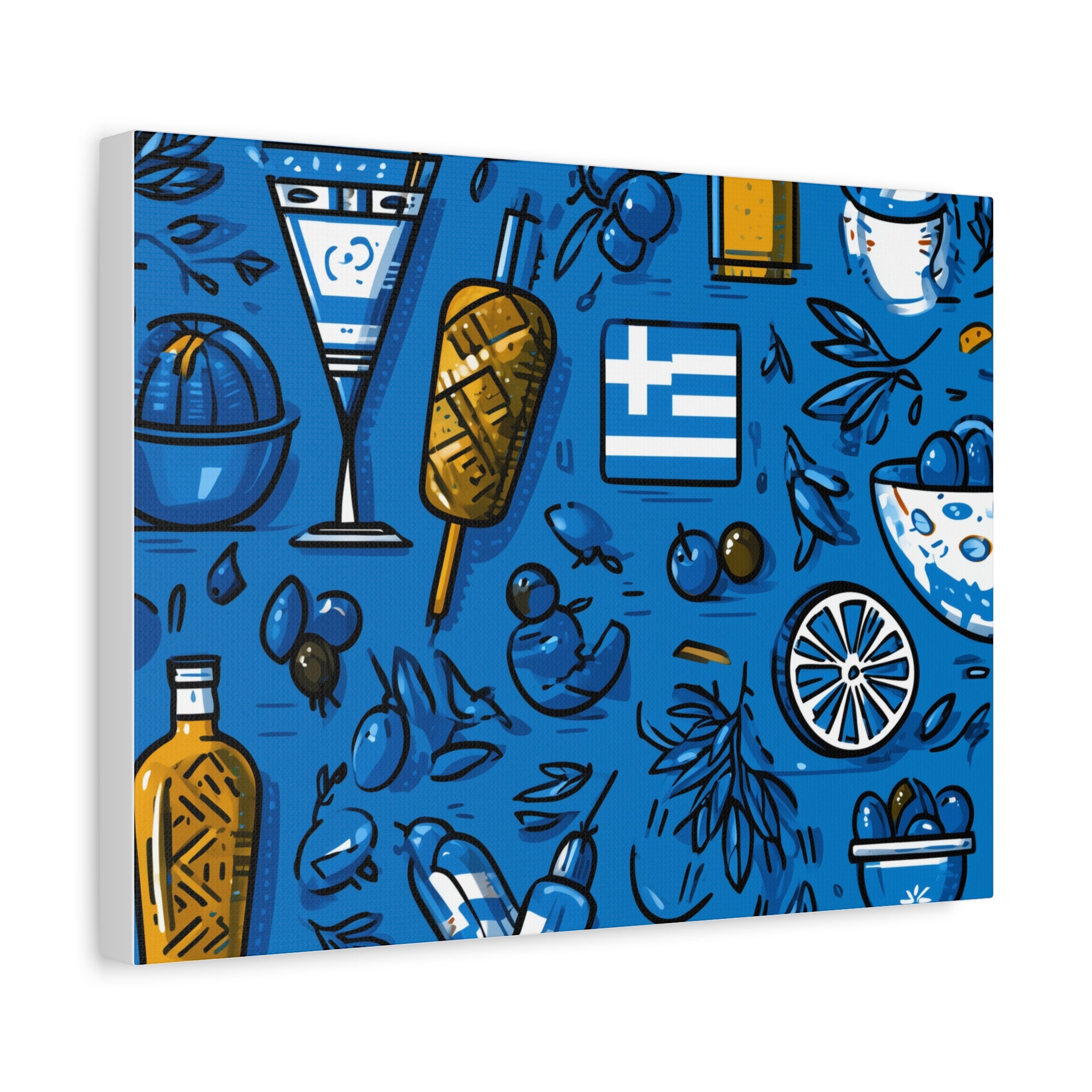 Vibrant Canvas Wall Art, Blue Mediterranean Theme, Kitchen Decor, Greek Party Decor, Olive and Drink Motif