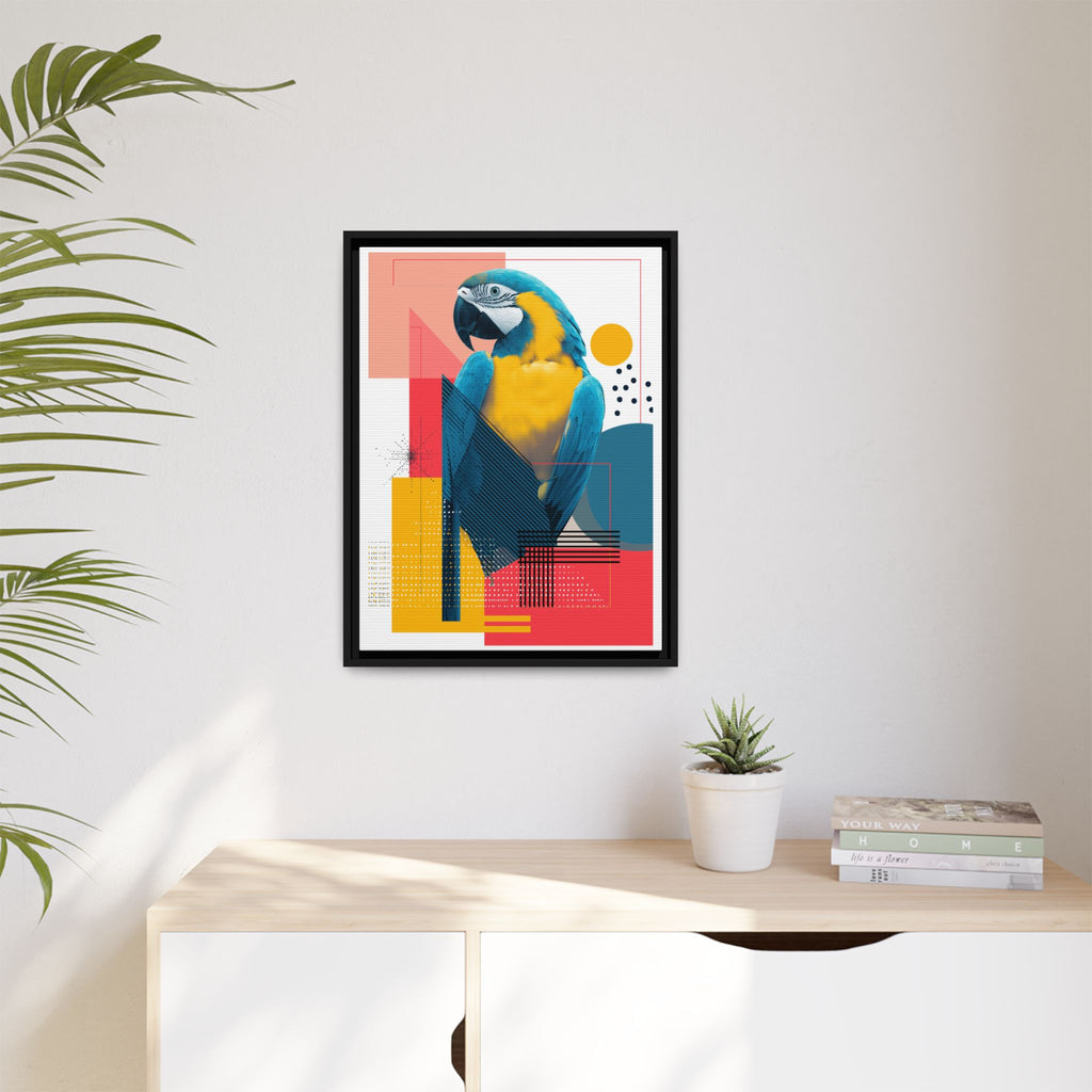 Prismatic Parrot Framed Print: Blue and Yellow Macaw in Geometric Space, Digital Art Composition   |  Personalized & Custom Orders Available