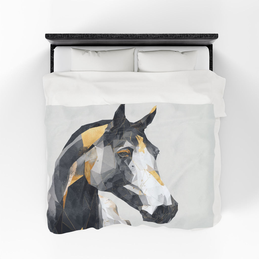 Fractured Equine: Geometric Horse Blanket, Digital Art Polygon Style, Metallic Gray Contemporary Composition   |  Personalized & Custom