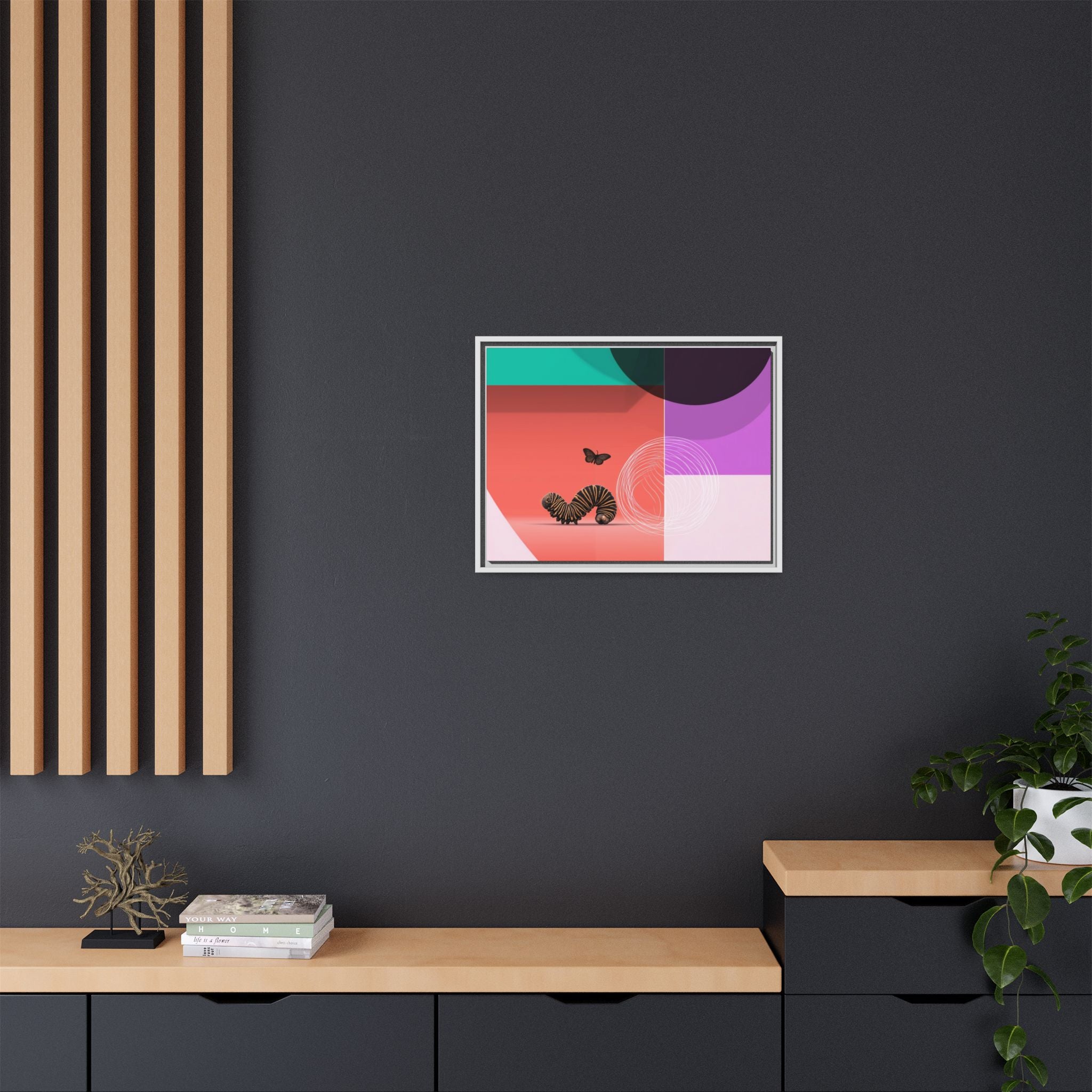 Striped Caterpillar and Butterfly Framed Print , Mid-Century Modern Color Blocks   |  Personalized & Custom Orders Available