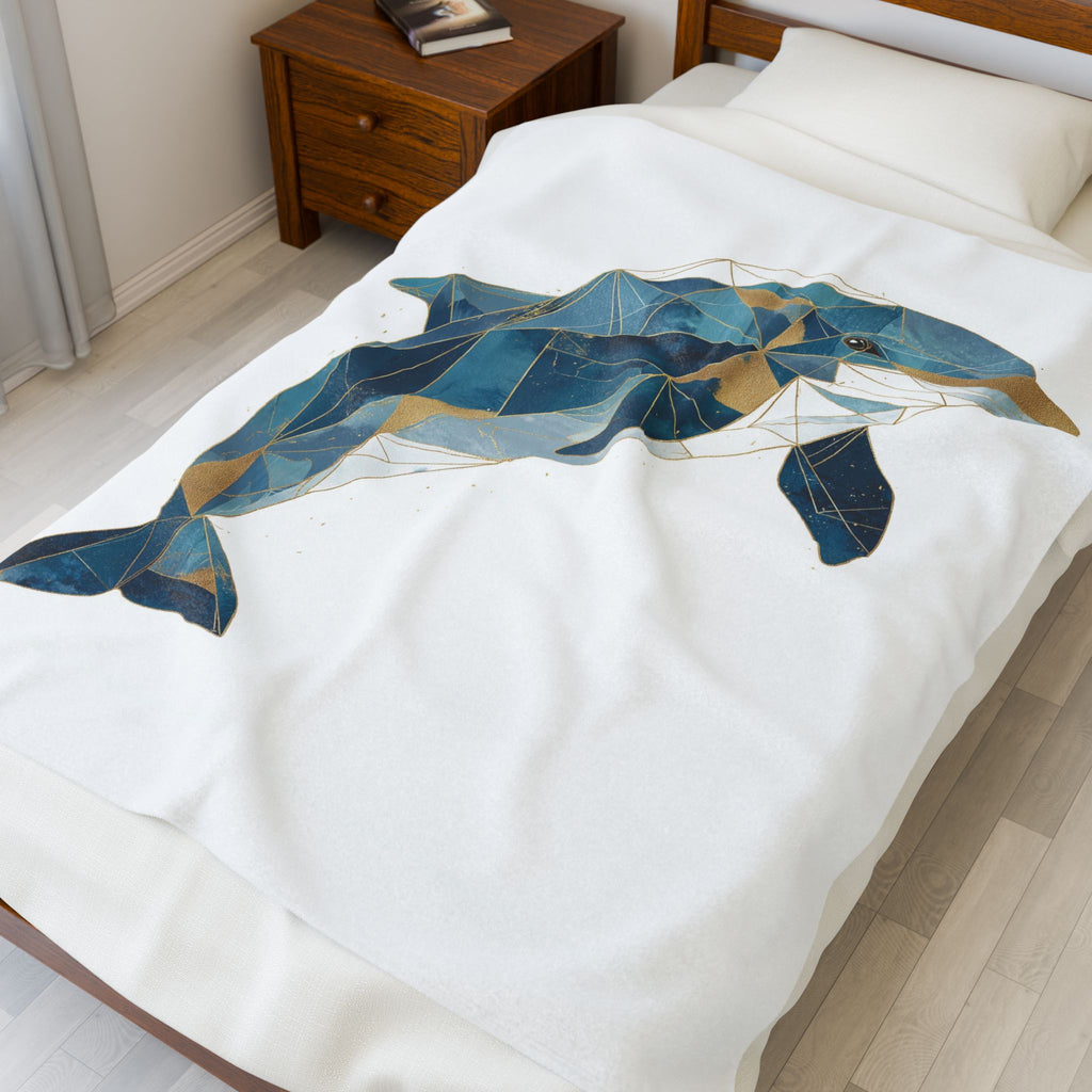 Geometric Dolphin Bedding , Modern Mosaic Art, Blue and Gold Fragmentation   |  Personalized & Custom Orders Available