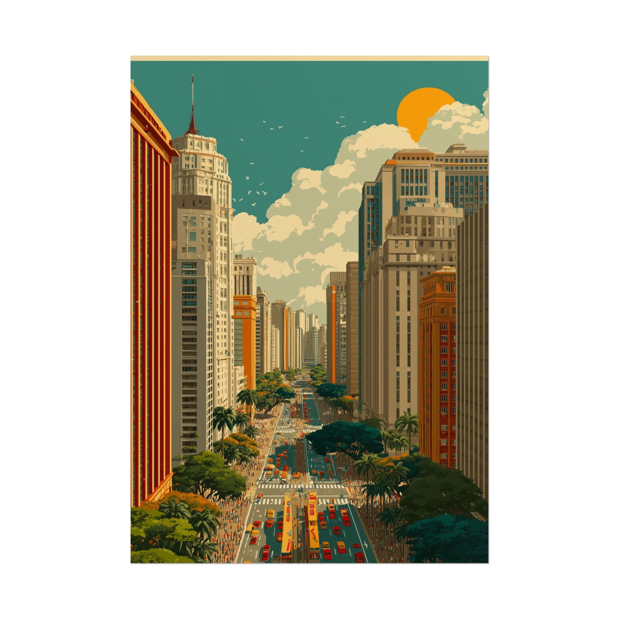Urban Vibrancy: Retro Sao Paulo Skyline, Mid-Century Modern Cityscape   |    Custom Orders Available