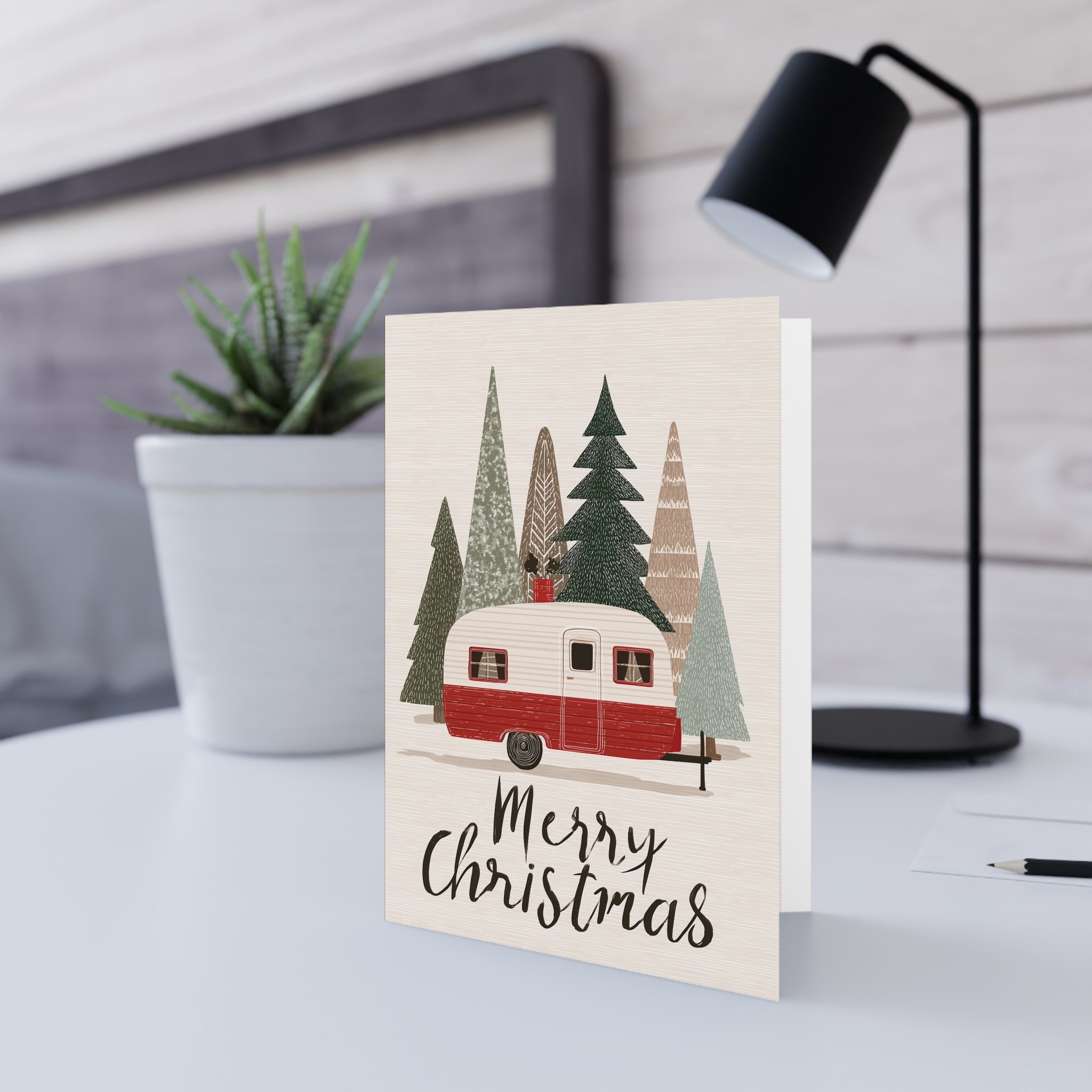Camping Caravan Greeting Card — Retro Camper & Pine Trees Note Card