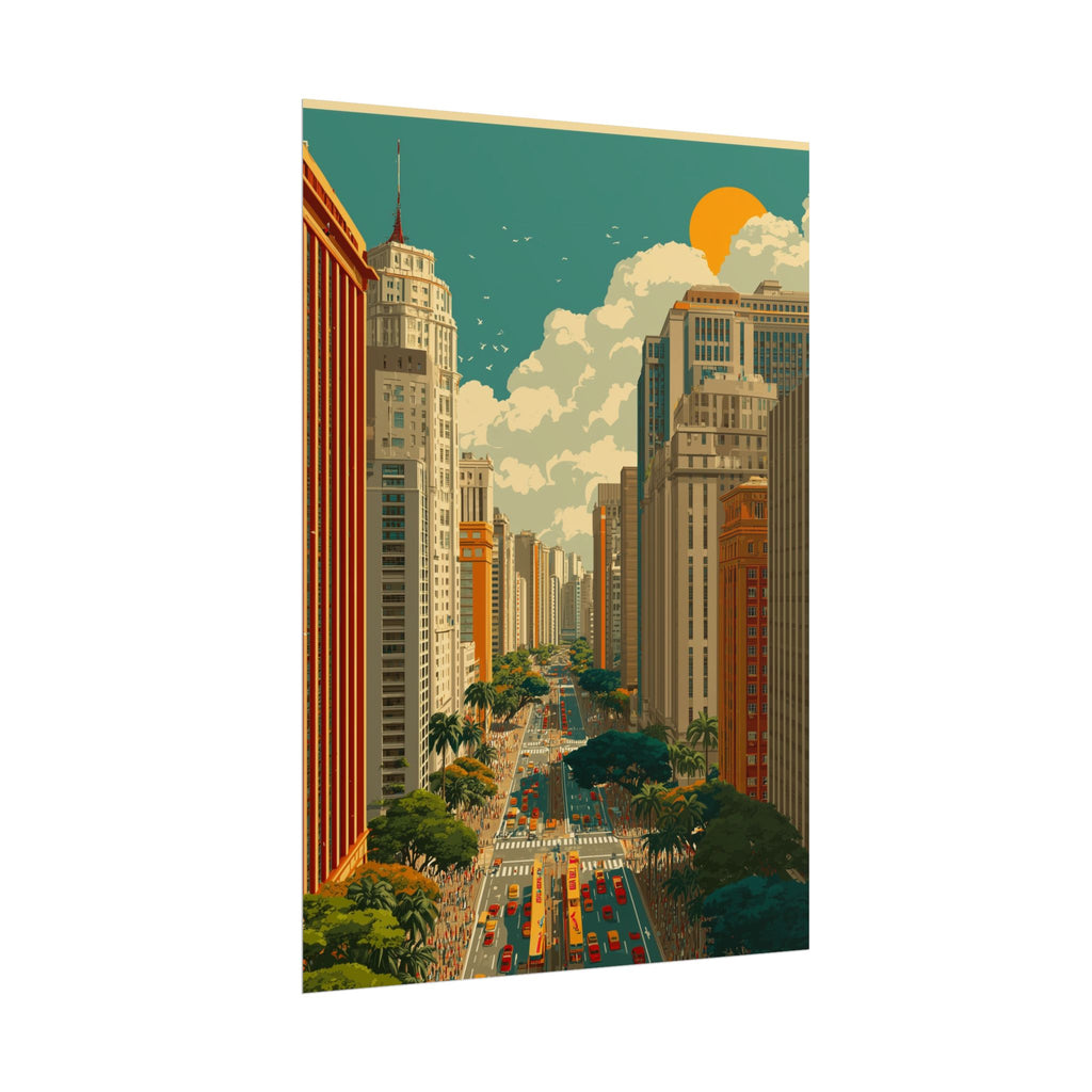 Urban Vibrancy: Retro Sao Paulo Skyline, Mid-Century Modern Cityscape   |    Custom Orders Available